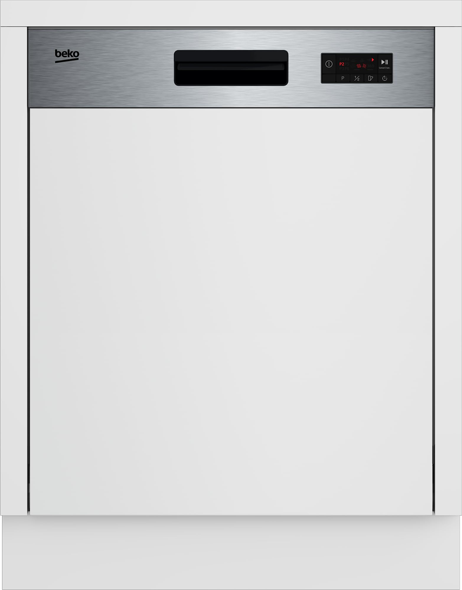 Beko BDSN15430X b300 Einbau-Geschirrspüler teilintegriert 60 cm, für 14 Maßgedecke, 3 Spülebenen, 4 Temperaturen, 5 Programme, halbe Beladung, automatische Türöffnung, Quick&Clean