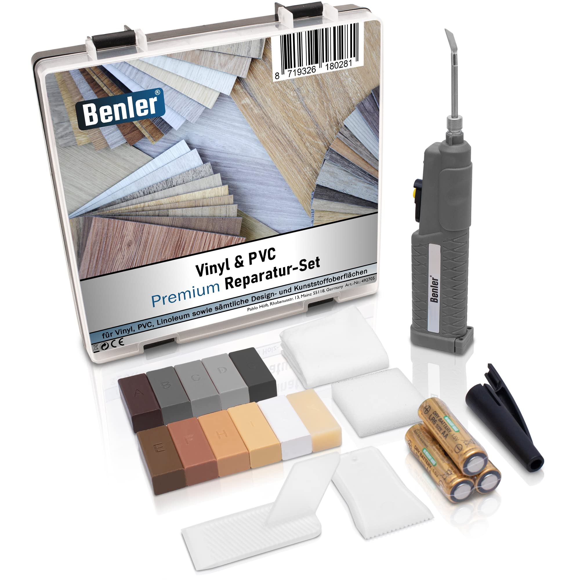 BENLER NEU! - PVC Vinyl und Kunststoff Reparaturset - für Kunststoffoberflächen wie Vinylboden, PVC Bodenbelag & Arbeitsplatte - Laminat Parkett Holz Optik grau - Hartwachs Holzkitt Reparatur