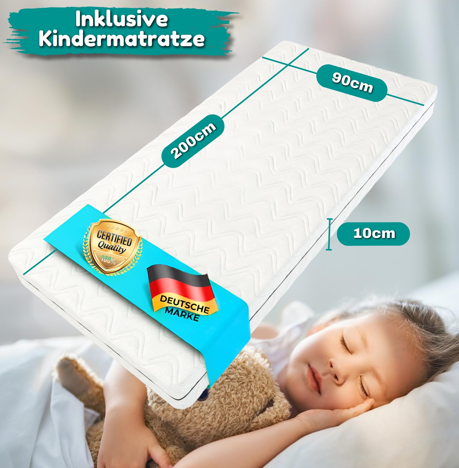 ALAVYA HOME® Hausbett 90x200 cm Cloud mit Schublade, Matratze und 3-TLG DEKO Set Khaki, inkl. Buchablage Rausfallschutz und Lattenrost, FSC zertifizierter I Kinderbett 90x200 für Mädchen und Jungen