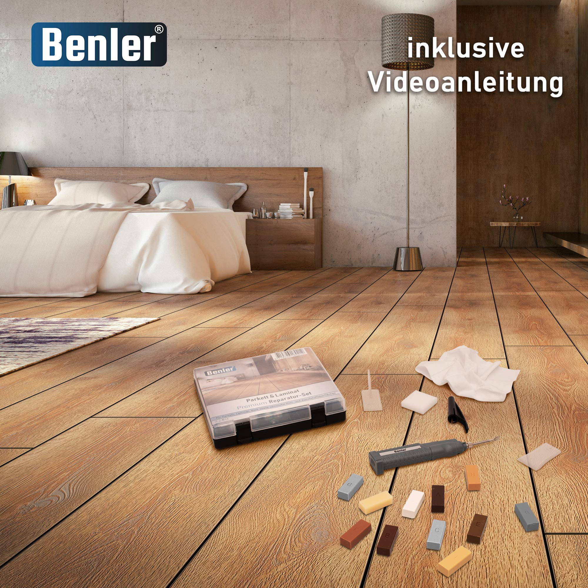 BENLER NEU! - PVC Vinyl und Kunststoff Reparaturset - für Kunststoffoberflächen wie Vinylboden, PVC Bodenbelag & Arbeitsplatte - Laminat Parkett Holz Optik grau - Hartwachs Holzkitt Reparatur