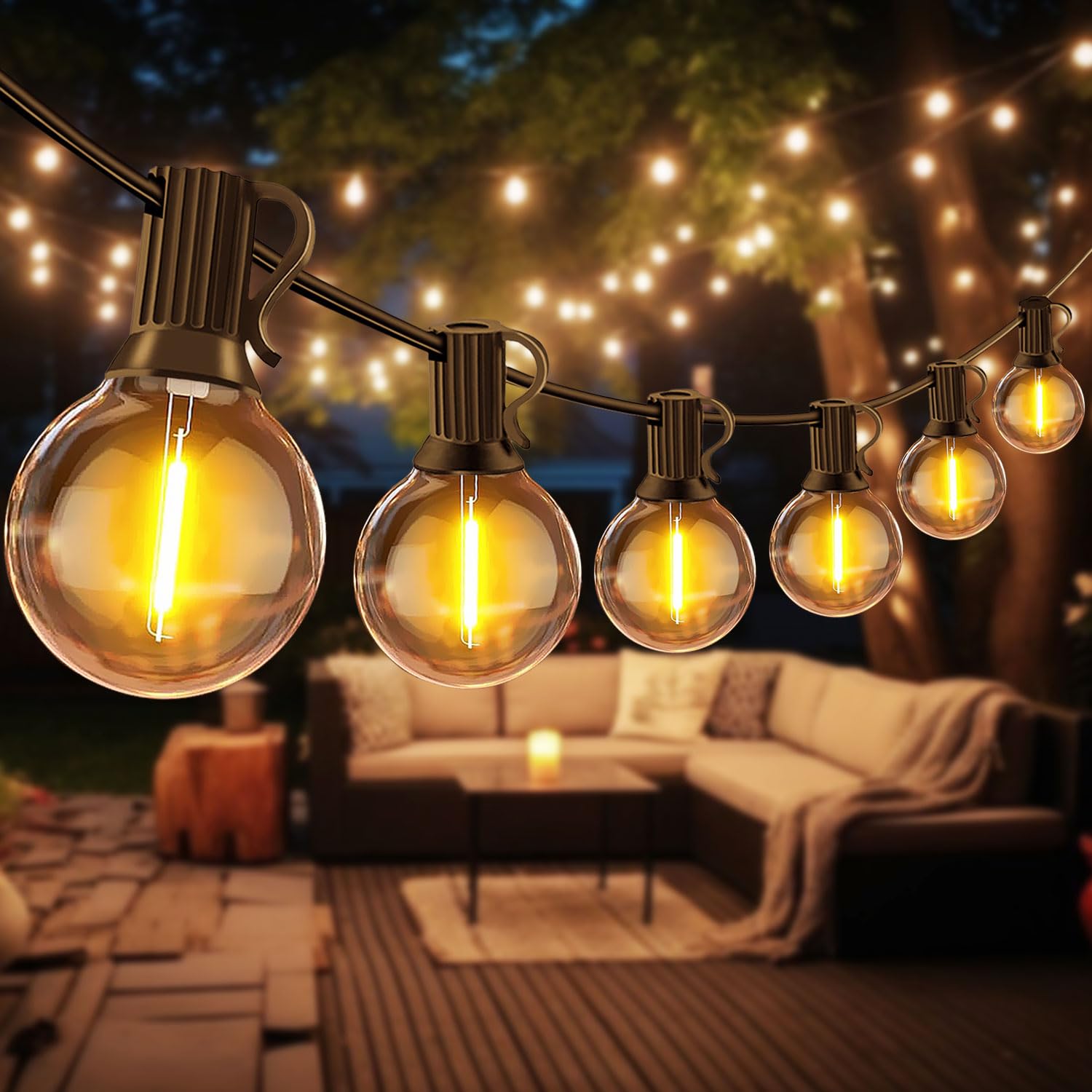 LED Lichterkette Außen - 15M Lichterkette Glühbirnen mit 27 Birnen LED Wetterfest G40 Warmweiße Strombetrieben für Garten, Balkon,Terrasse, Hochzeiten, Partys, Hof, Grill - Dimmer nicht enthalten