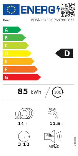 Beko BDSN15430X b300 Einbau-Geschirrspüler teilintegriert 60 cm, für 14 Maßgedecke, 3 Spülebenen, 4 Temperaturen, 5 Programme, halbe Beladung, automatische Türöffnung, Quick&Clean