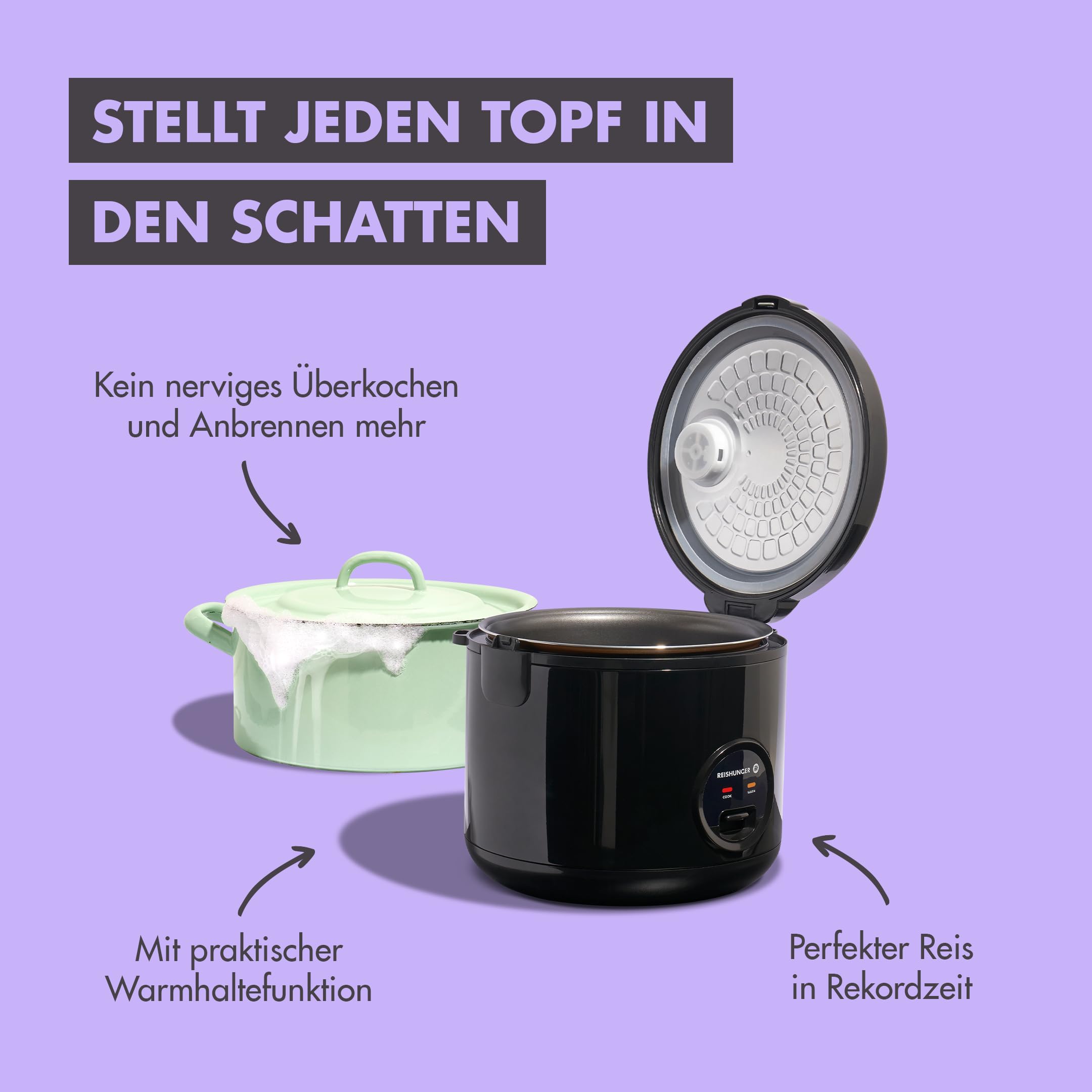 REISHUNGER Reiskocher & Dampfgarer mit Keramikbeschichtung - 1,2L, Schwarz - Für 1-6 Personen - Schnelle Zubereitung ohne Anbrennen - Mit Warmhaltefunktion inkl. Dämpfeinsatz, Löffel & Messbecher