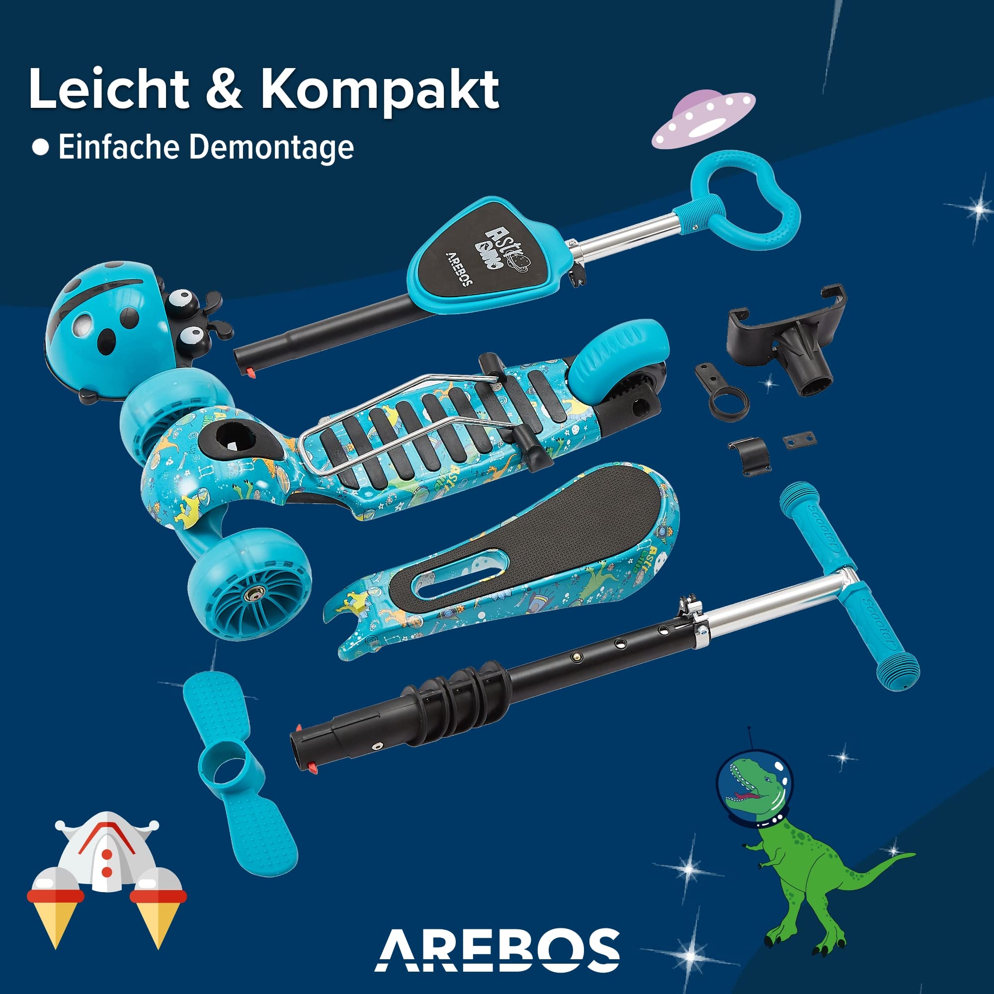 Arebos 3-in-1 Kinderroller mit Rückenlehne für Jungen & Mädchen | Cityroller Tretroller Scooter höhenverstellbarer Lenker & Sitz | LED-XXL Räder Tritt-Bremse | bis 50 kg belastbarer Roller | Blau