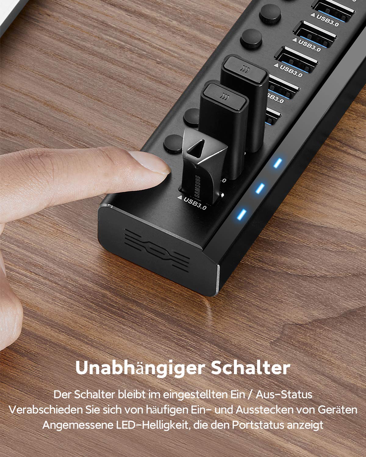 RSHTECH USB Hub Aktiv 3.0 mit 36W(12V/3A) Netzteil, Aluminium 10 Ports USB 3.0 Hub zum Laden und zur Datenübertragung, USB 3.0 Mehrfach Ports Verteiler mit EIN/Aus-Schalter und LED, RSH-A10