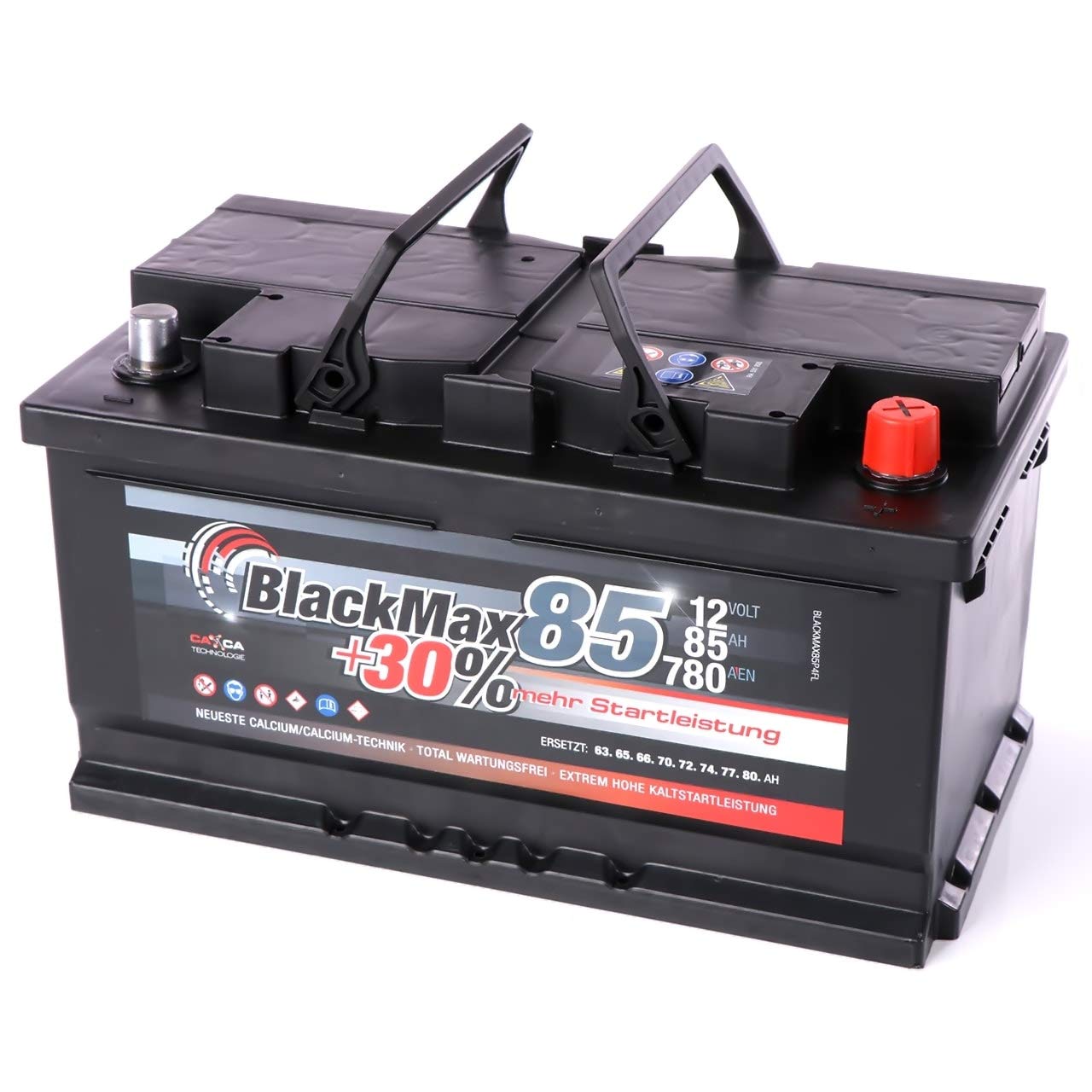 Autobatterie 12V 85Ah BlackMax + 30% Edition Starterbatterie ersetzt 74Ah 75Ah 77Ah 80Ah, kompatible mit PKW