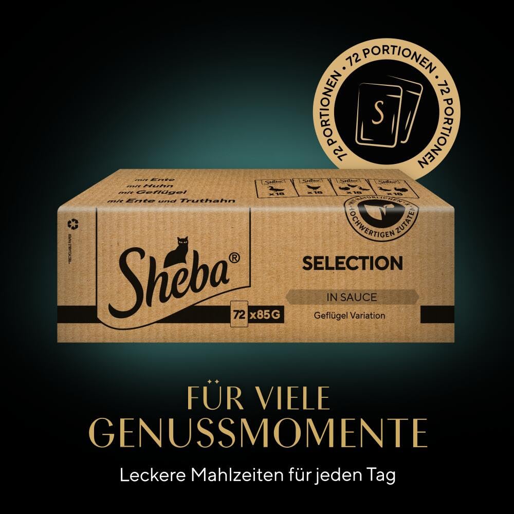 Sheba Katzennassfutter Selection in Sauce, 72 Portionsbeutel, 72x85g (1 Großpackung) – Katzenfutter nass, Geflügel Variation mit Ente, Huhn, Geflügel und Truthahn