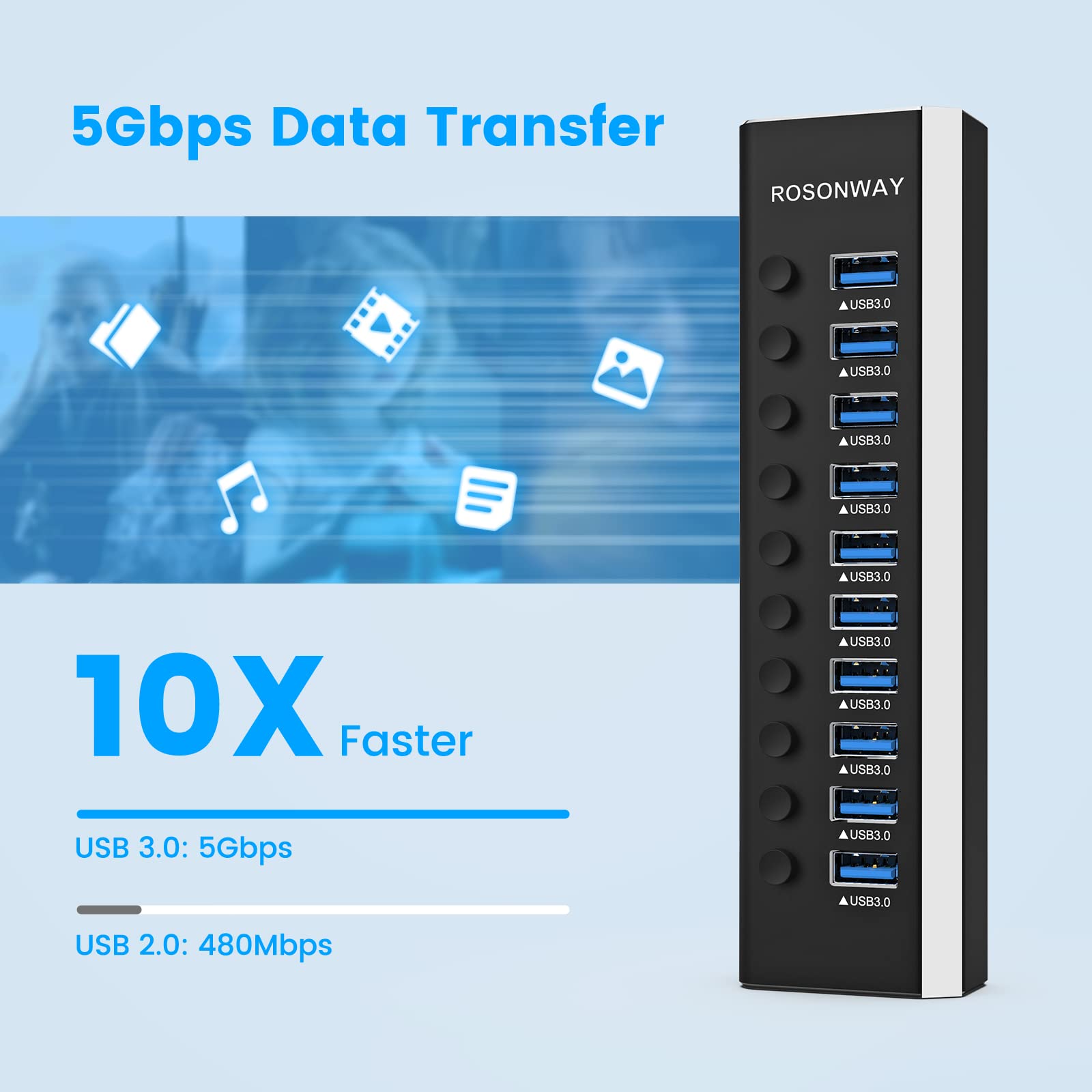 RSHTECH USB Hub Aktiv 3.0 mit 36W(12V/3A) Netzteil, Aluminium 10 Ports USB 3.0 Hub zum Laden und zur Datenübertragung, USB 3.0 Mehrfach Ports Verteiler mit EIN/Aus-Schalter und LED, RSH-A10