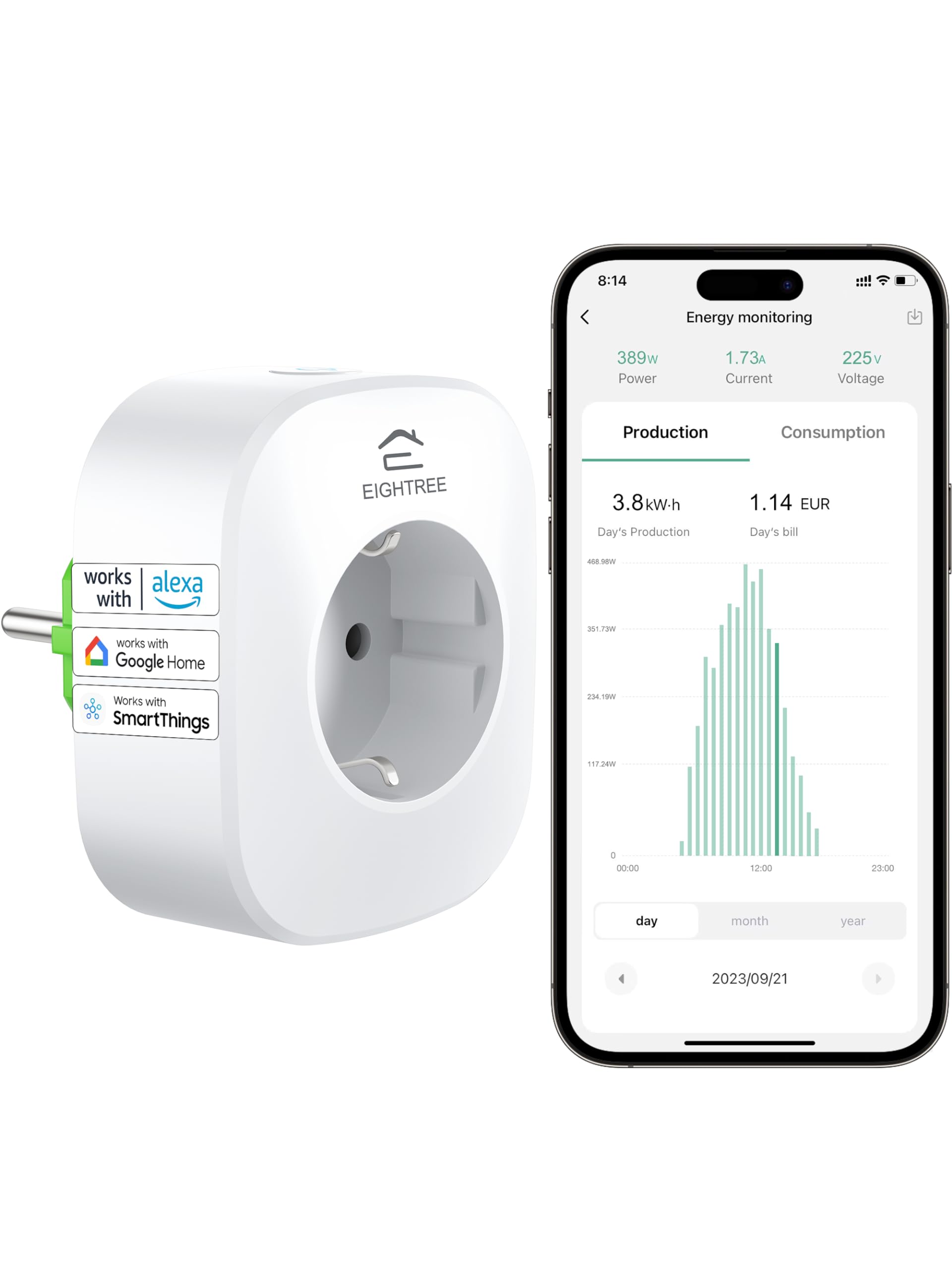 Smart WLAN Steckdose mit Strommessung EIGHTREE, Stromzähler für Balkonkraftwerk Steckdose Bidirektionale Messung von Stromverbrauch&Erzeugung in Mini-PV WLAN Steckdose für Balkonkraftwerken Nur 2.4G