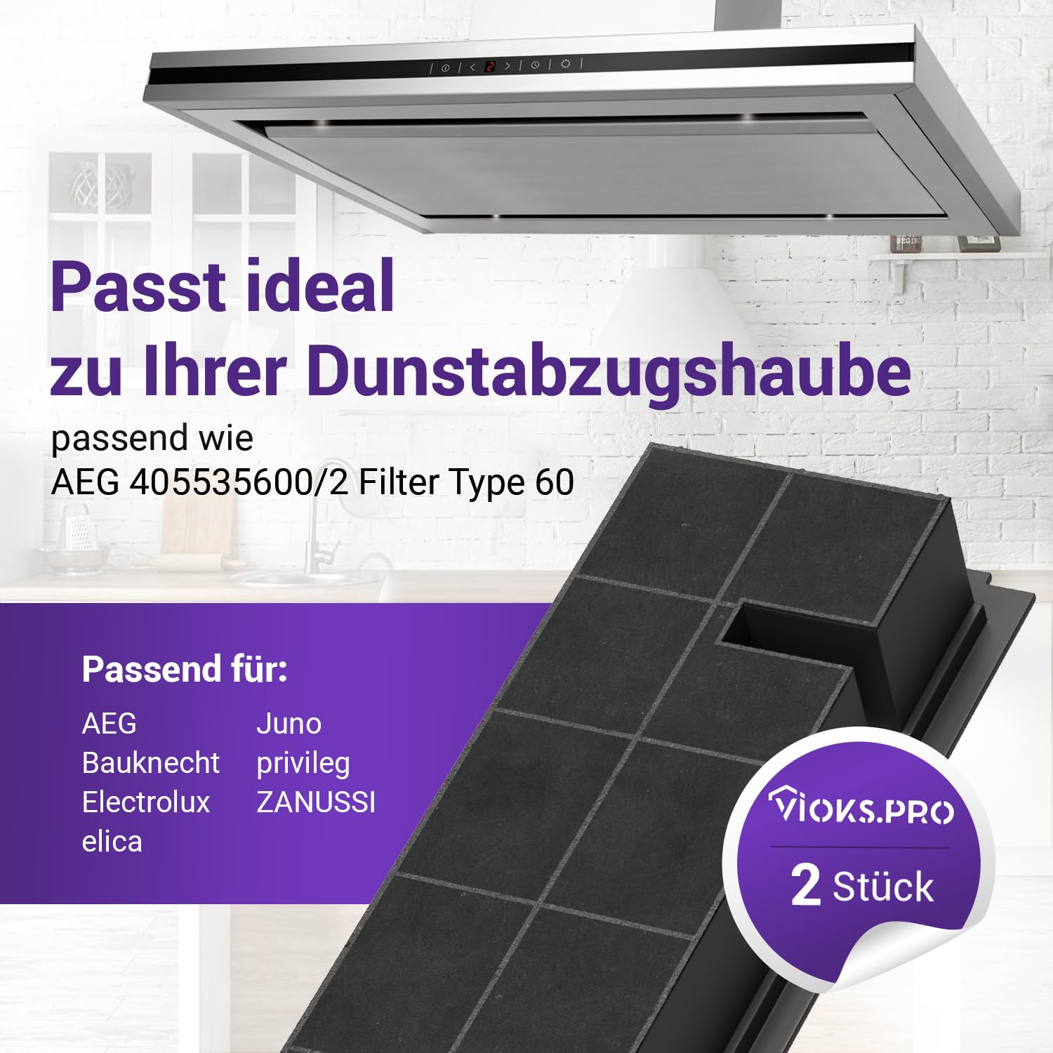 Viоks.pro Set 2x Dunstabzugshaube Aktivkohlefilter Ersatz für AEG Electrolux 4055356002 Type60 KF60 Wpro AMC100 - Kohlefilter für Dunstabzugshauben von AEG Bauknecht Elica Electrolux Juno Whirlpool