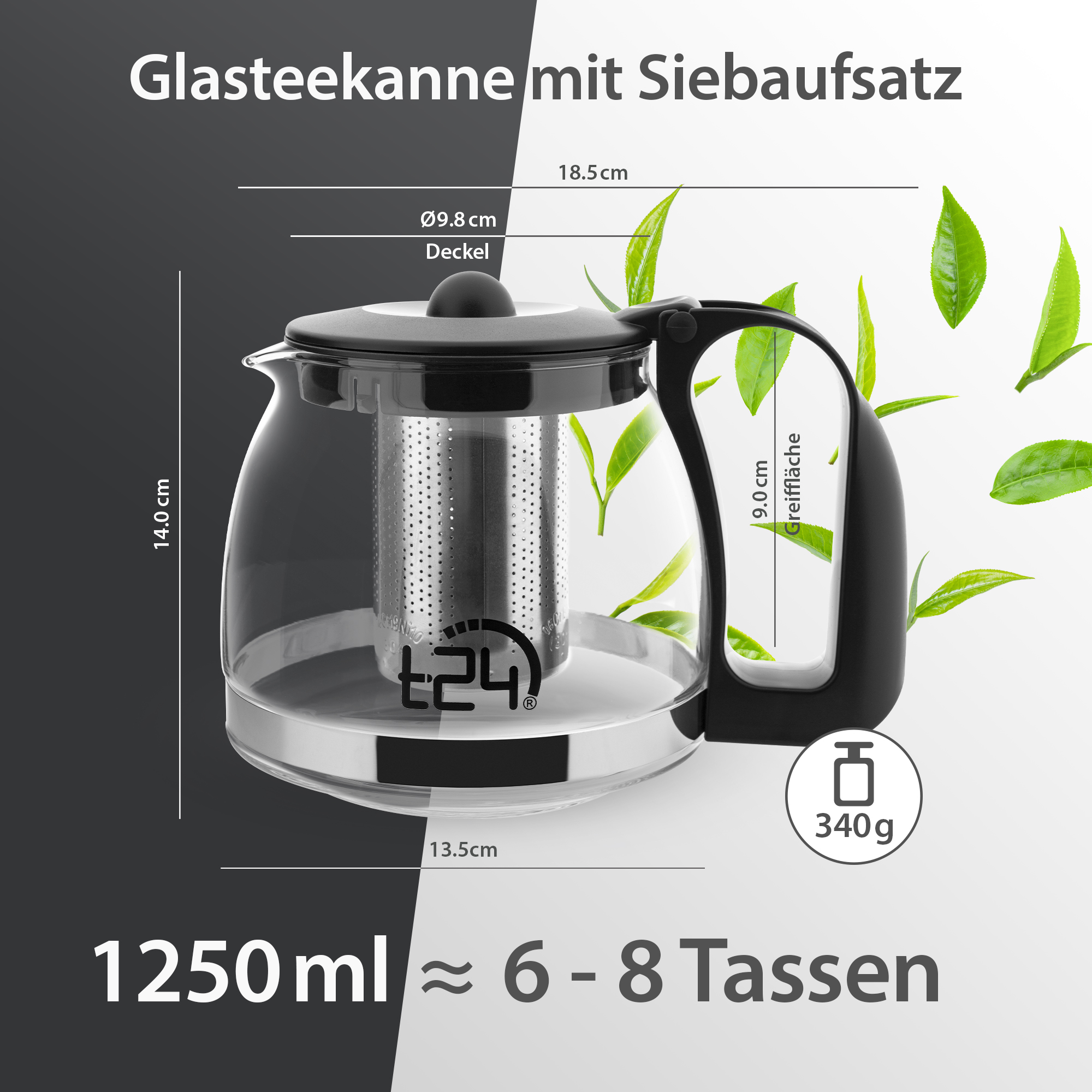 T24 Glas Teekanne Mit Edelstahlsieb, 1250 Ml, Schwarz