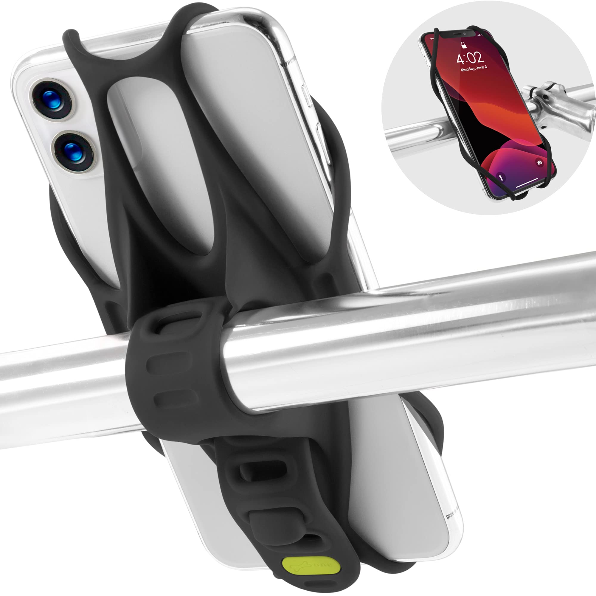 Bone Handyhalterung Fahrrad Lenkstange, Smartphone Halterung Fahrrad Motorrad Lenker Silikon Universal, Handyhalter Fahrrad für 5,8-7,2 Zoll iPhone Samsung Google Pixel - Bike Tie 3 - Schwarz