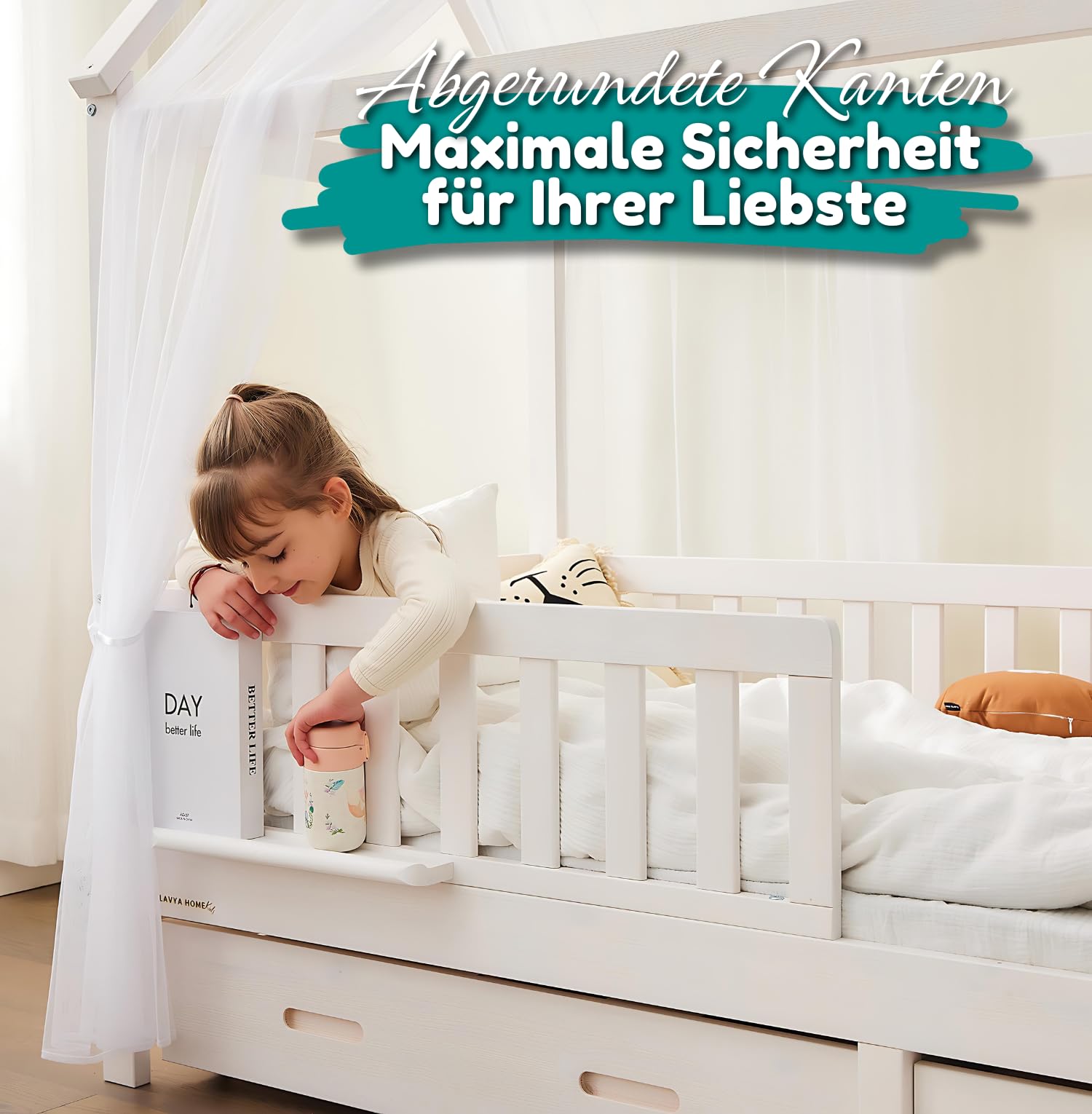 ALAVYA HOME® Hausbett 90x200 cm Cloud mit Schublade, Matratze und 3-TLG DEKO Set Khaki, inkl. Buchablage Rausfallschutz und Lattenrost, FSC zertifizierter I Kinderbett 90x200 für Mädchen und Jungen