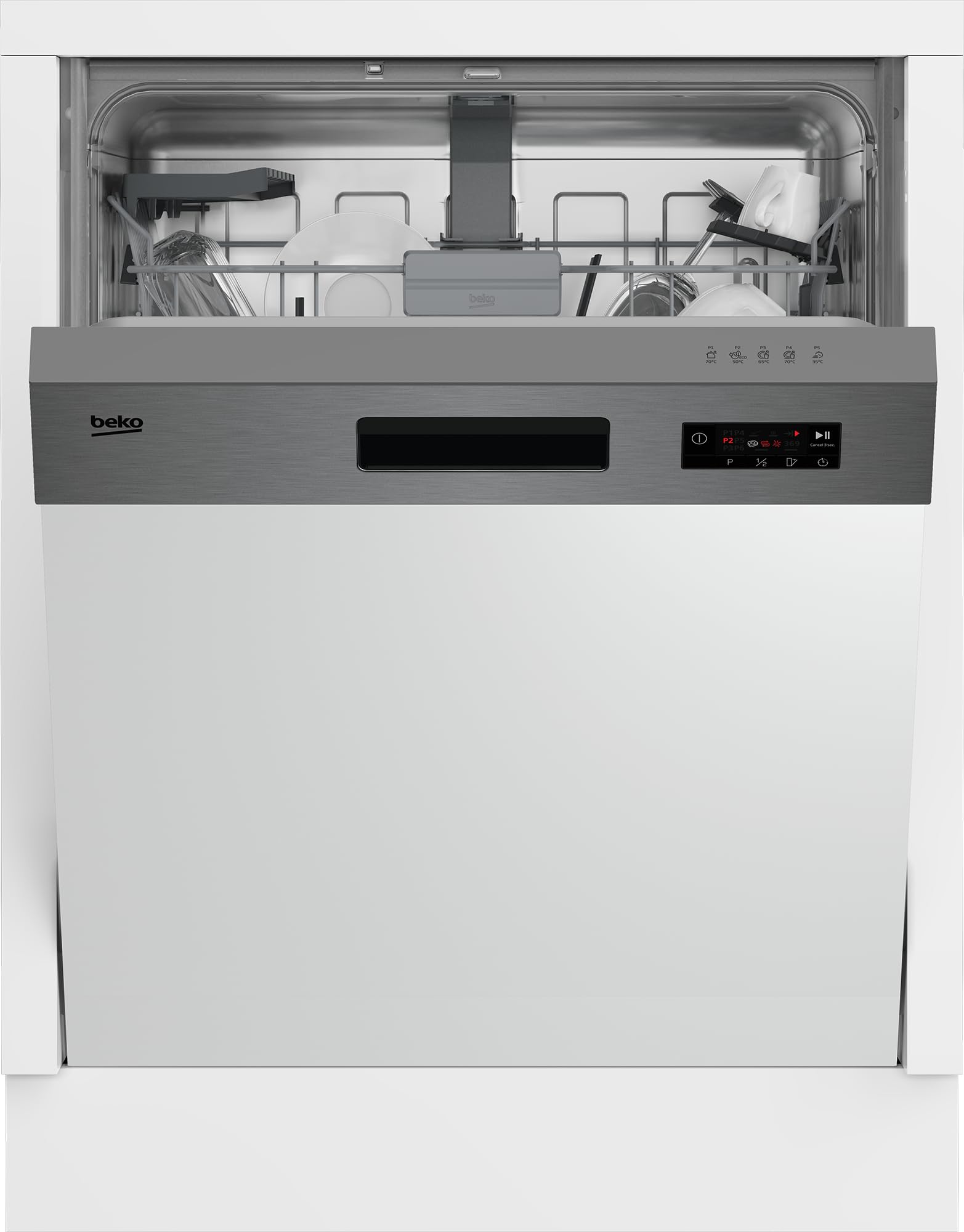 Beko BDSN15430X b300 Einbau-Geschirrspüler teilintegriert 60 cm, für 14 Maßgedecke, 3 Spülebenen, 4 Temperaturen, 5 Programme, halbe Beladung, automatische Türöffnung, Quick&Clean