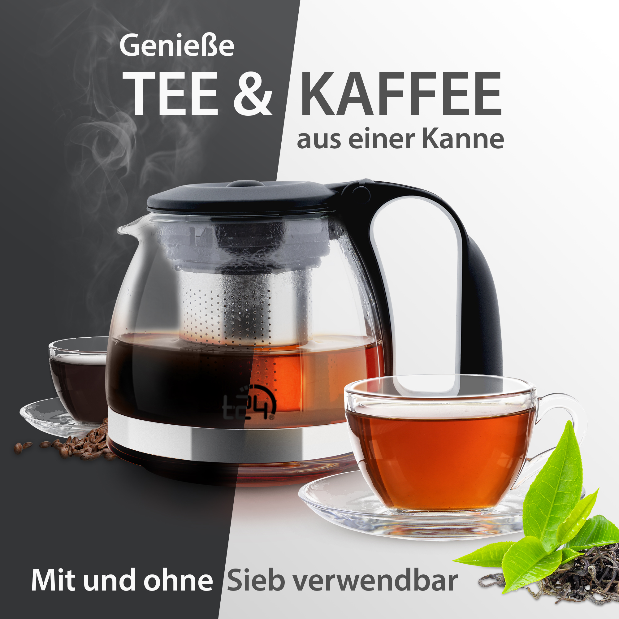 T24 Glas Teekanne Mit Edelstahlsieb, 700 Ml, Schwarz