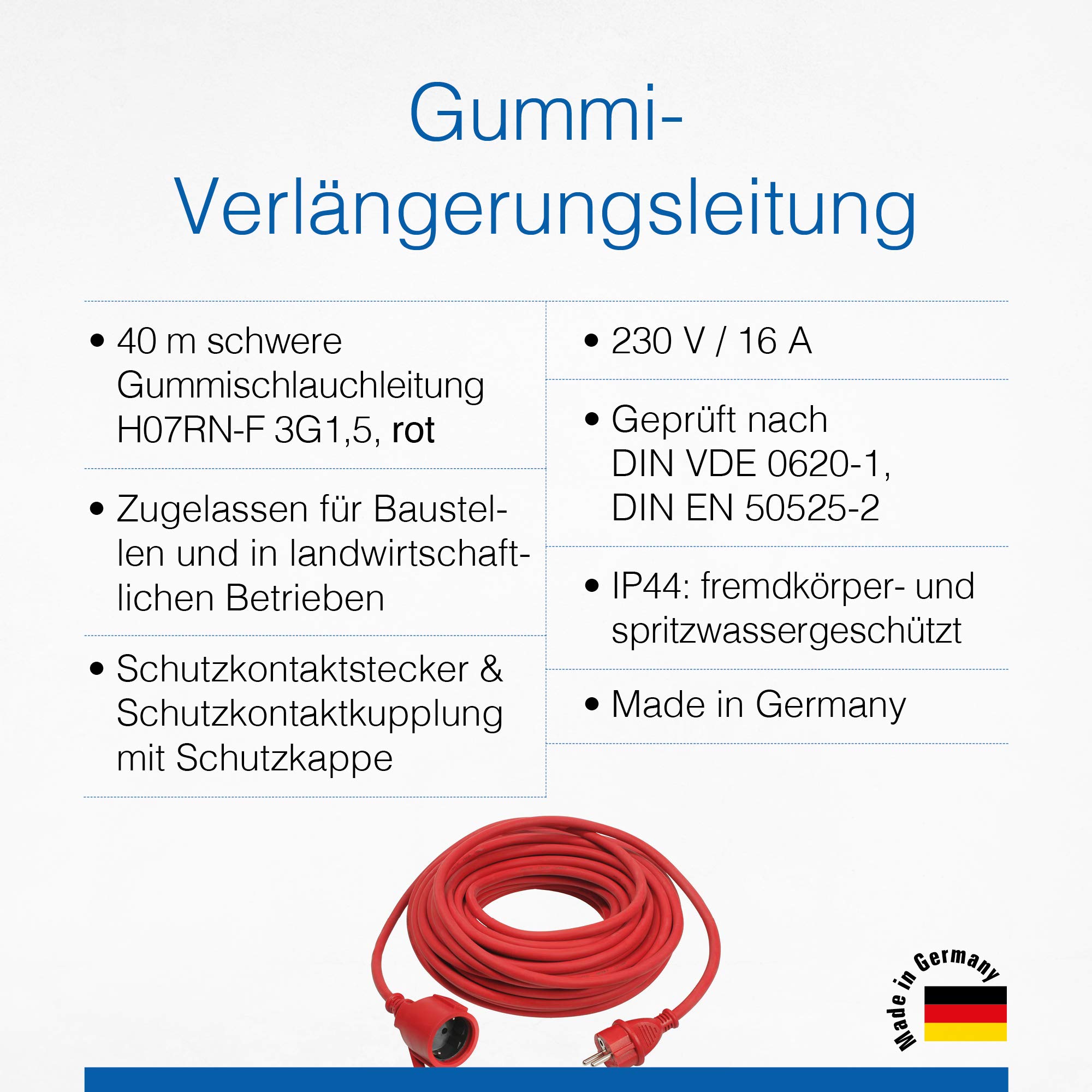 as - Schwabe Gummi-Verlängerungsleitung – 40 m Kabel mit Schutzkontaktstecker, Schutzkontaktkupplung inkl. Schutzkappe ­– 230 V / 16 A Verlängerungskabel – IP44 – Made in Germany – Rot, 60374