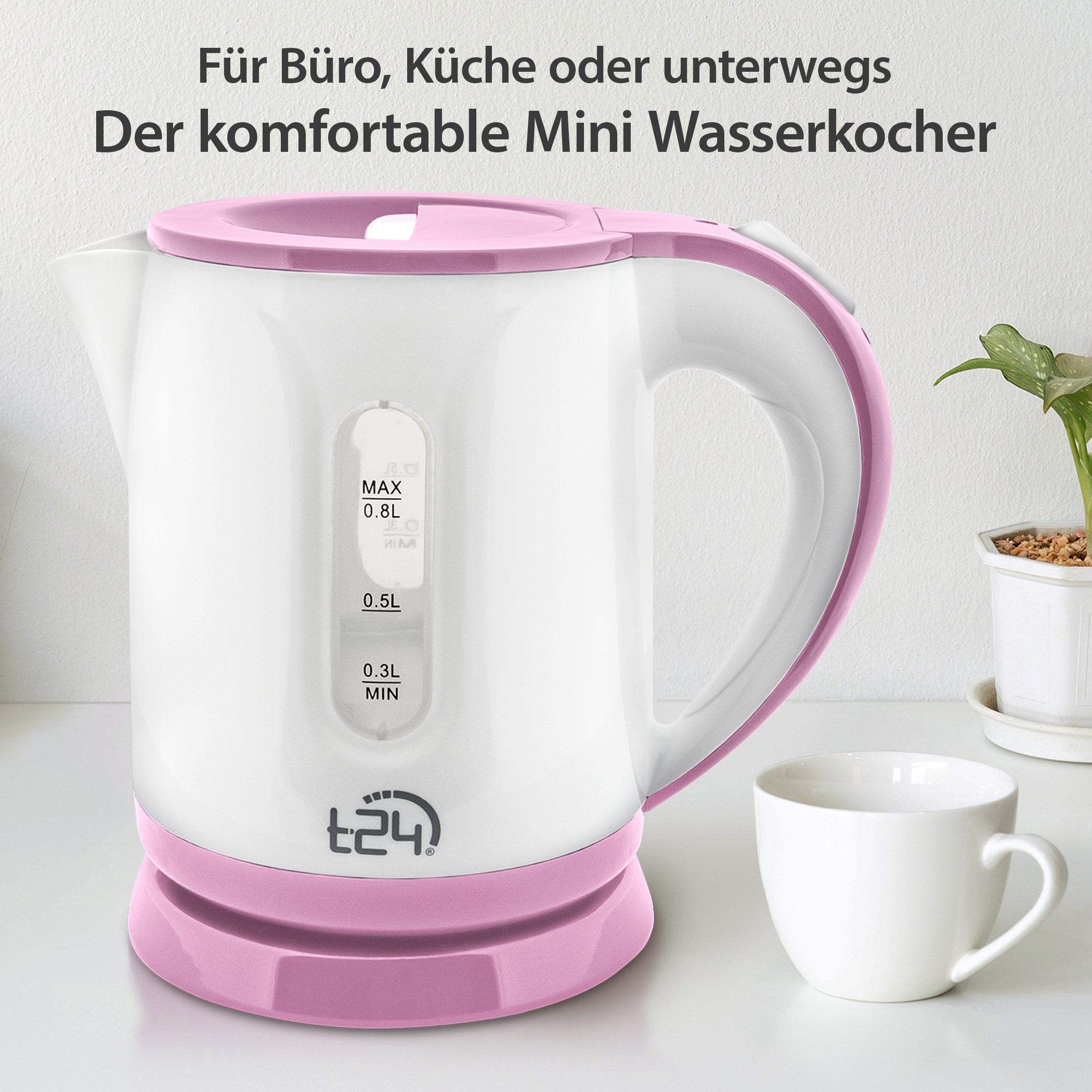 T24 Wasserkocher klein Pink 0,8L, 1100W, Reisewasserkocher Camping