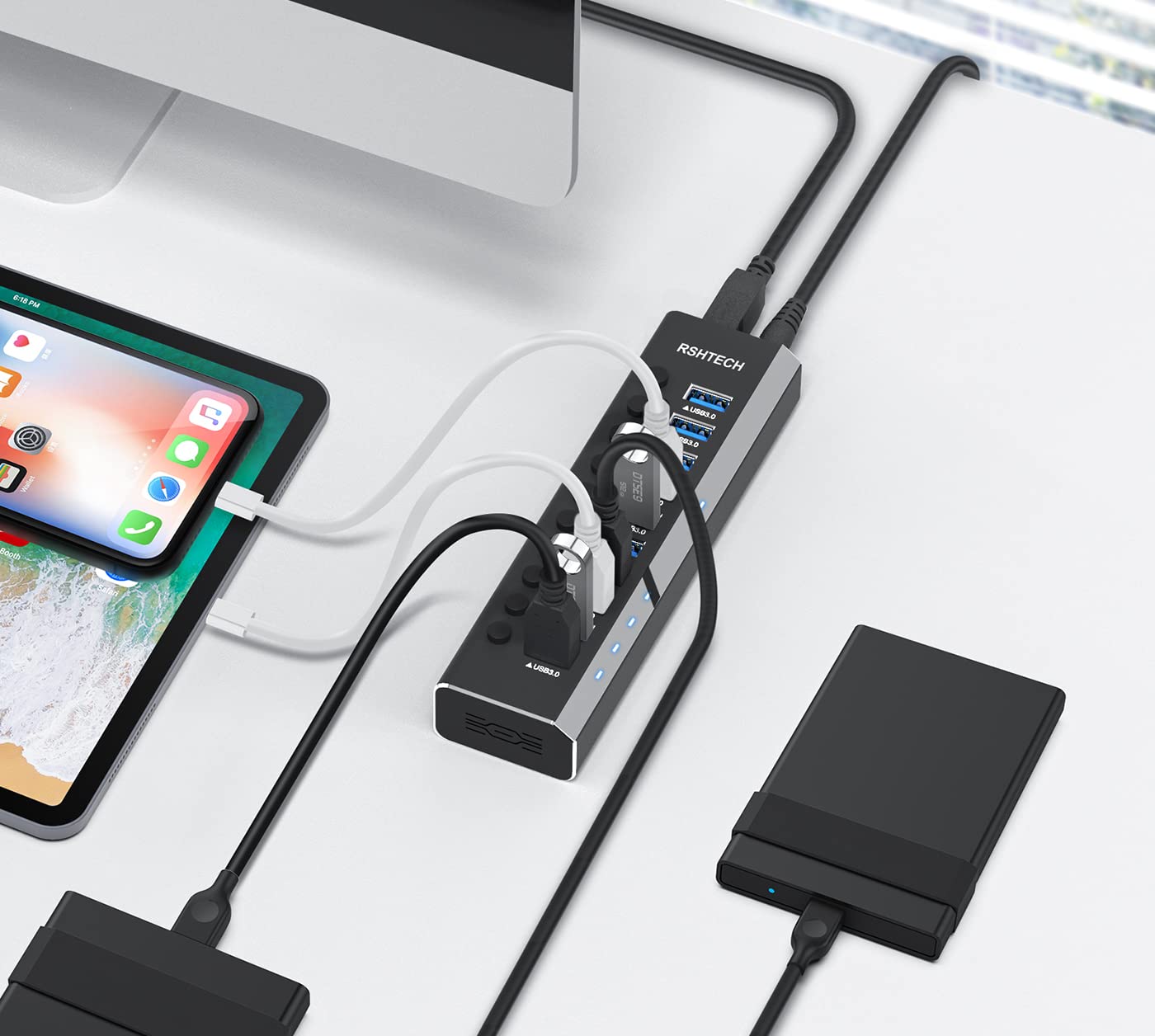 RSHTECH USB Hub Aktiv 3.0 mit 36W(12V/3A) Netzteil, Aluminium 10 Ports USB 3.0 Hub zum Laden und zur Datenübertragung, USB 3.0 Mehrfach Ports Verteiler mit EIN/Aus-Schalter und LED, RSH-A10