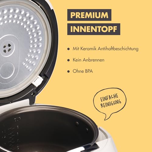 REISHUNGER Digitaler Reiskocher & Dampfgarer Grau | 1,5 L bis 8 Personen | Warmhaltefunktion, Timer & Premium Innentopf | Multikocher, 12 Programme, 7-Phasen-Technologie