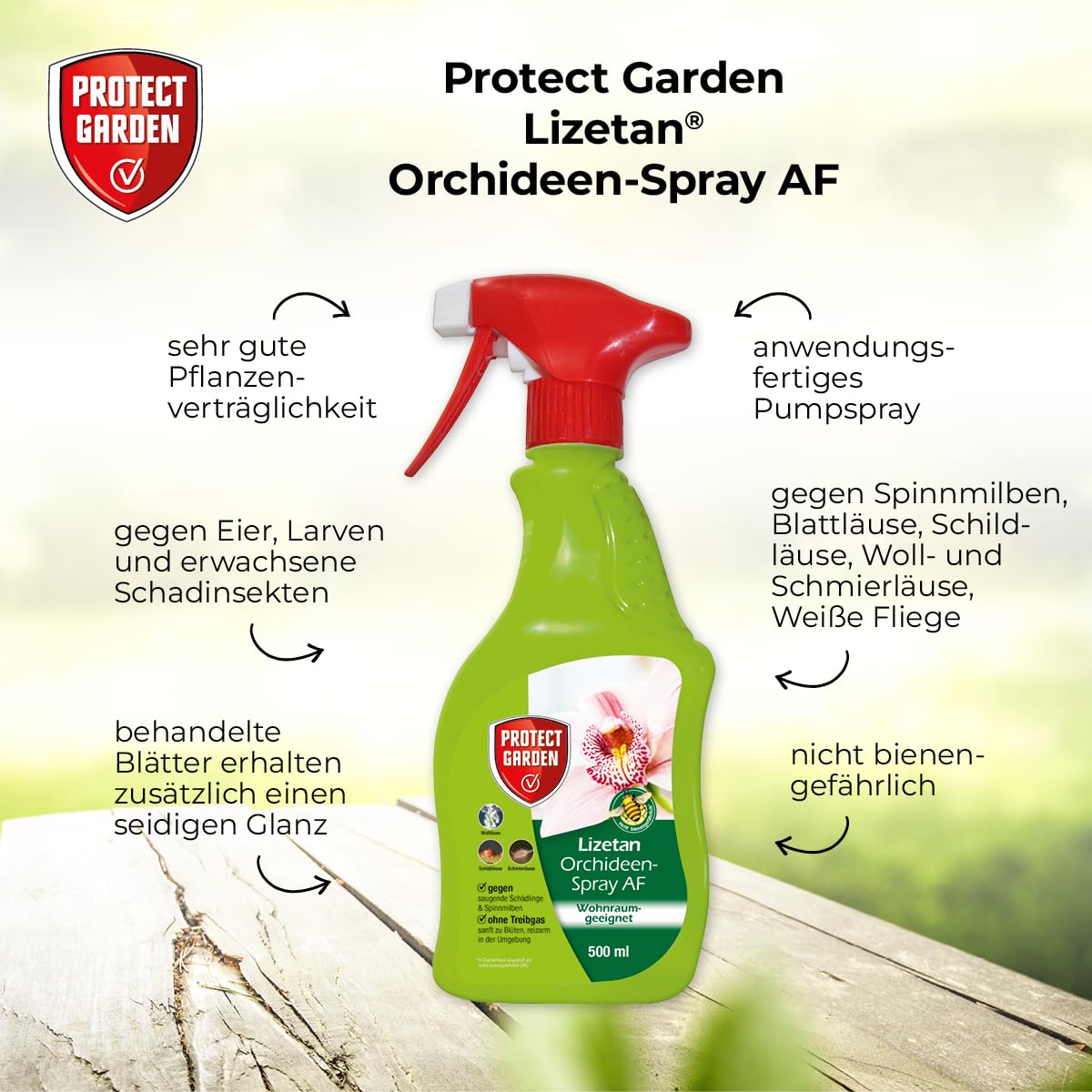 PROTECT GARDEN Lizetan Orchideen-Spray AF, gegen hartnäckige Schädlinge wie Blattläuse, Wollläuse, Schildläuse, Spinnmilben an Orchideen, 500 ml Sprühflasche