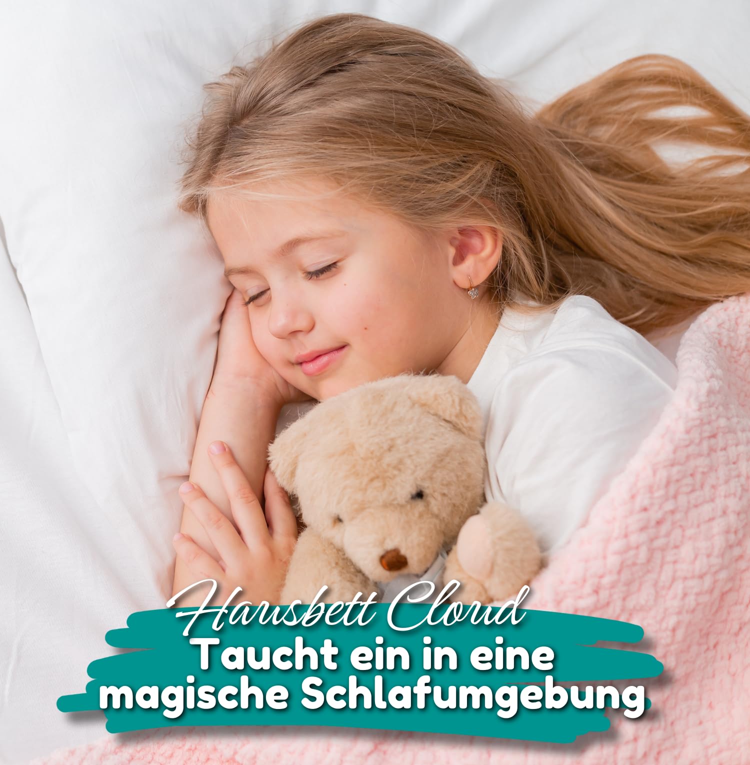 ALAVYA HOME® Hausbett 90x200 cm Cloud mit Schublade, Matratze und 3-TLG DEKO Set Khaki, inkl. Buchablage Rausfallschutz und Lattenrost, FSC zertifizierter I Kinderbett 90x200 für Mädchen und Jungen