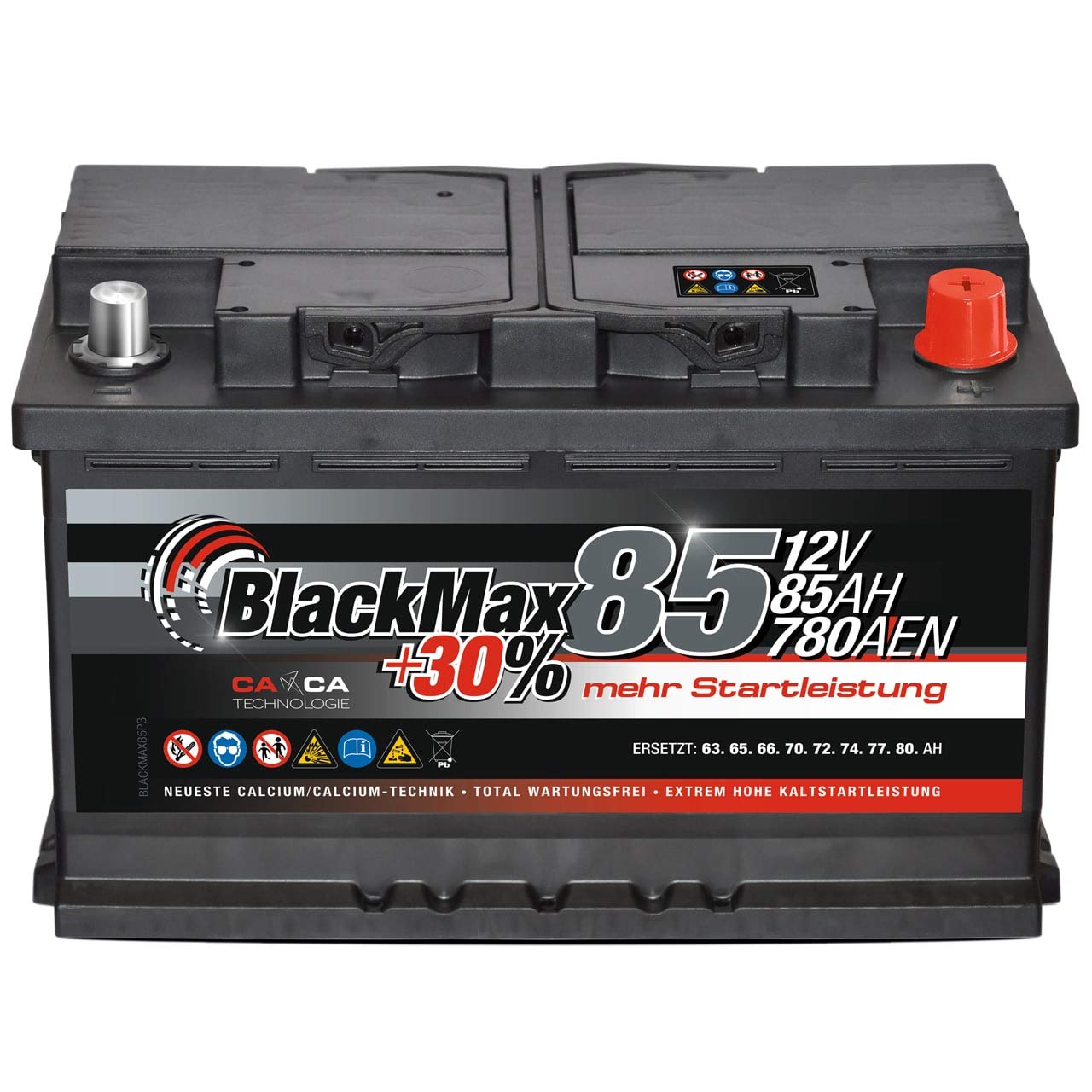 Autobatterie 12V 85Ah BlackMax + 30% Edition Starterbatterie ersetzt 74Ah 75Ah 77Ah 80Ah, kompatible mit PKW