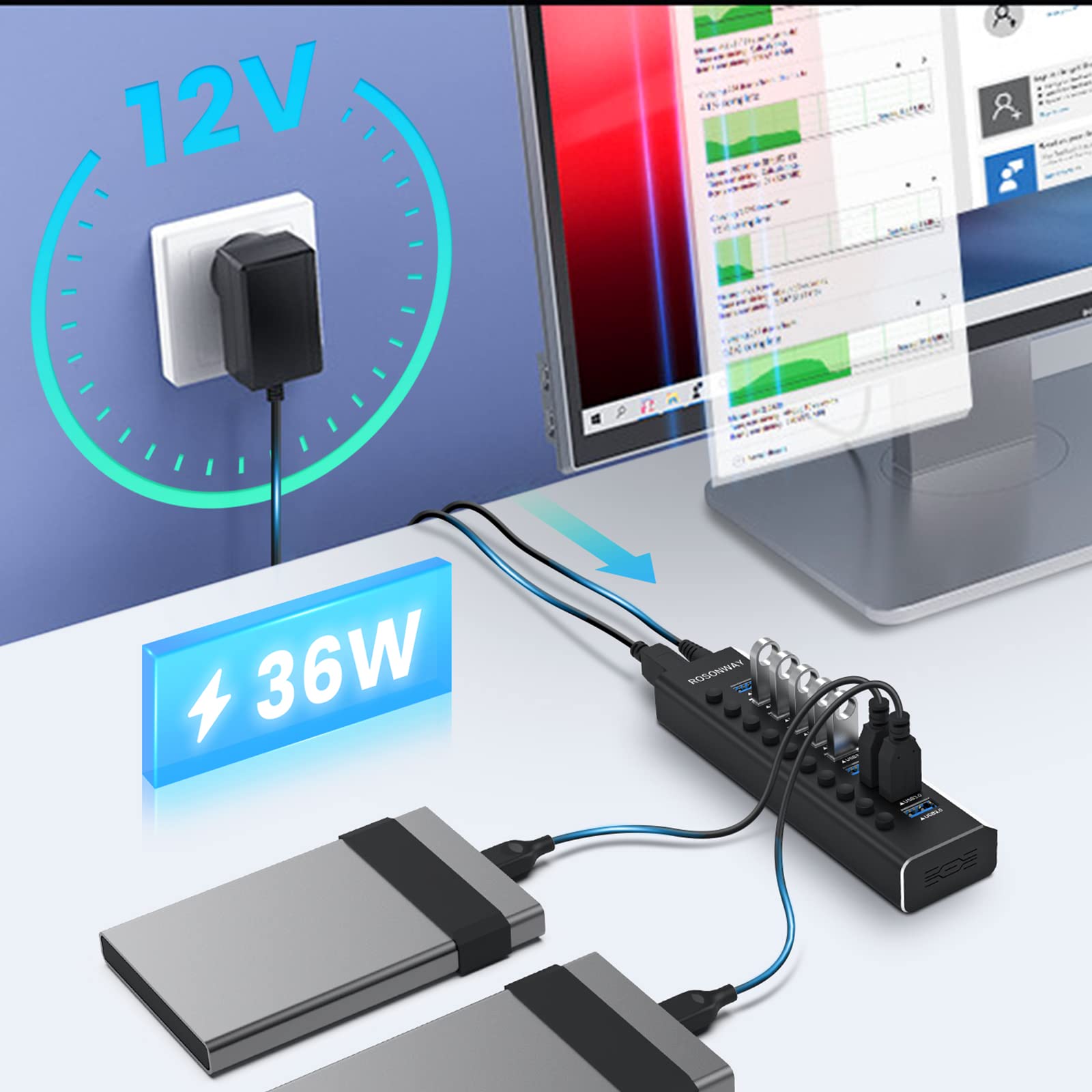 RSHTECH USB Hub Aktiv 3.0 mit 36W(12V/3A) Netzteil, Aluminium 10 Ports USB 3.0 Hub zum Laden und zur Datenübertragung, USB 3.0 Mehrfach Ports Verteiler mit EIN/Aus-Schalter und LED, RSH-A10