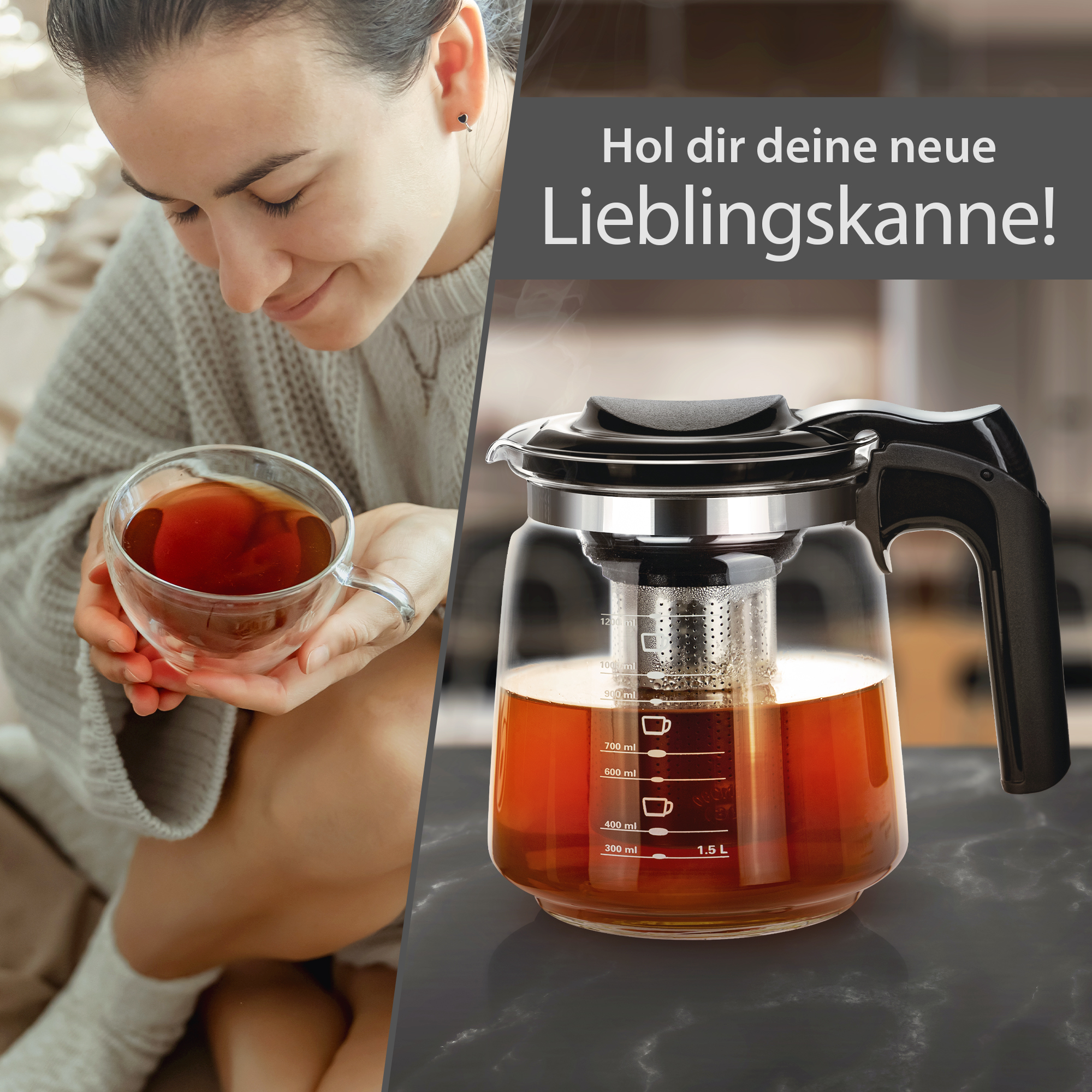 T24 Glas Teekanne Mit Edelstahlsieb Elegant, 1500 Ml, Schwarz