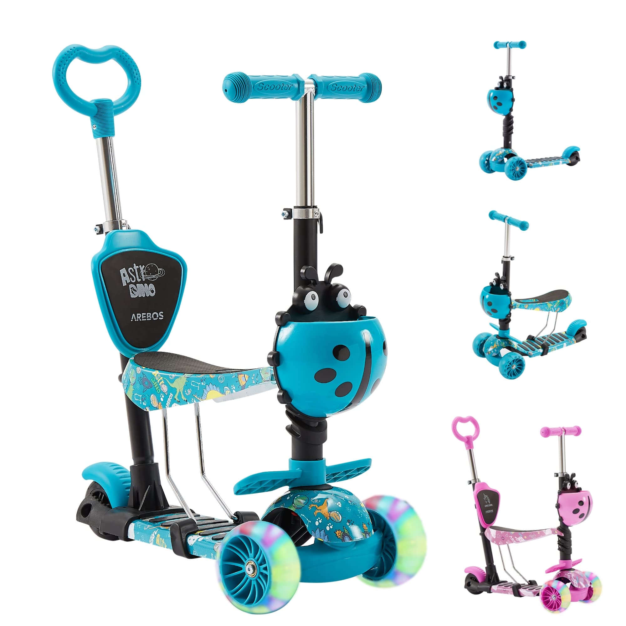 Arebos 3-in-1 Kinderroller mit Rückenlehne für Jungen & Mädchen | Cityroller Tretroller Scooter höhenverstellbarer Lenker & Sitz | LED-XXL Räder Tritt-Bremse | bis 50 kg belastbarer Roller | Blau