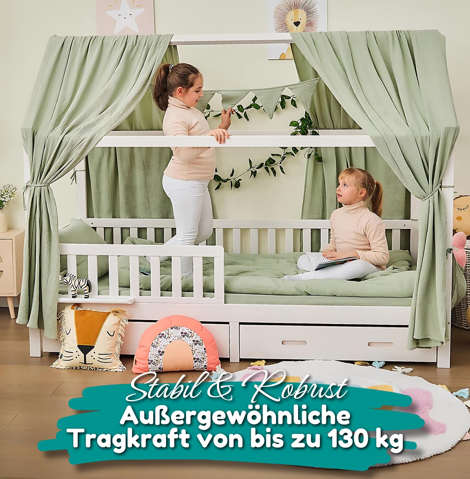 ALAVYA HOME® Hausbett 90x200 cm Cloud mit Schublade, Matratze und 3-TLG DEKO Set Khaki, inkl. Buchablage Rausfallschutz und Lattenrost, FSC zertifizierter I Kinderbett 90x200 für Mädchen und Jungen