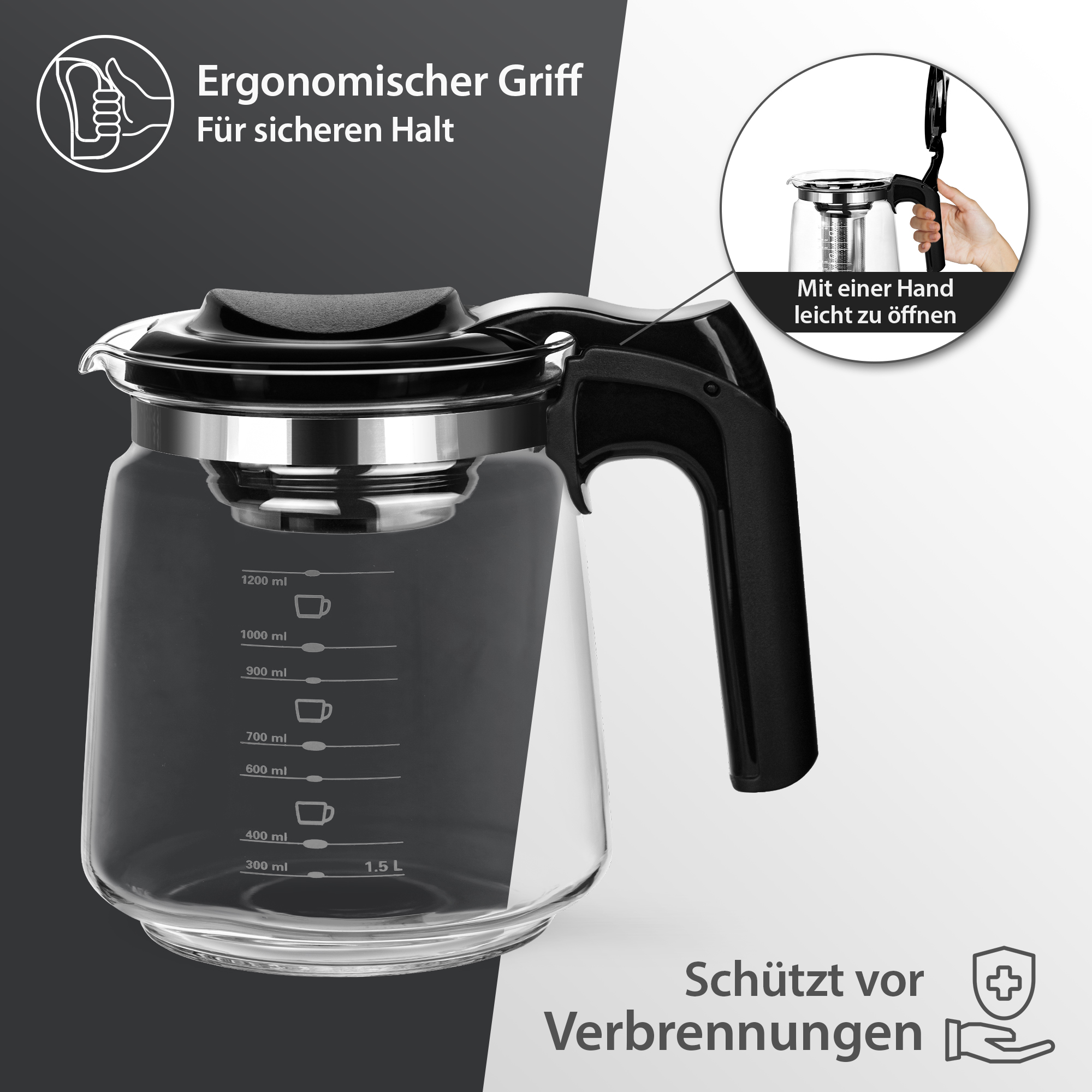 T24 Glas Teekanne Mit Edelstahlsieb Elegant, 1500 Ml, Schwarz