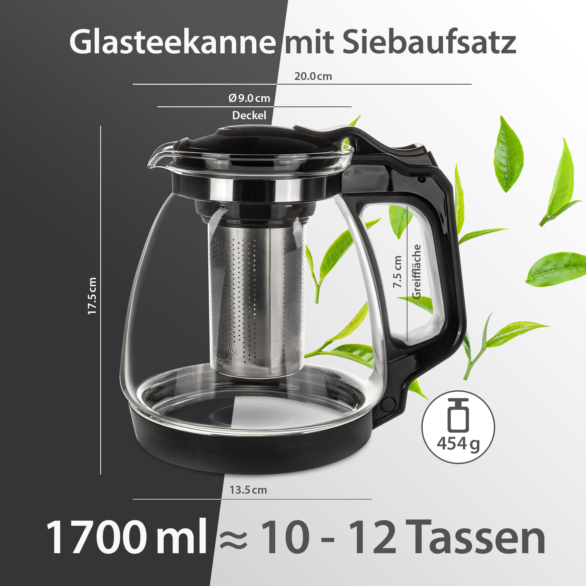 T24 Glas Teekanne Mit Edelstahl Teesieb & Überhitzungsschutz, 1700 Ml