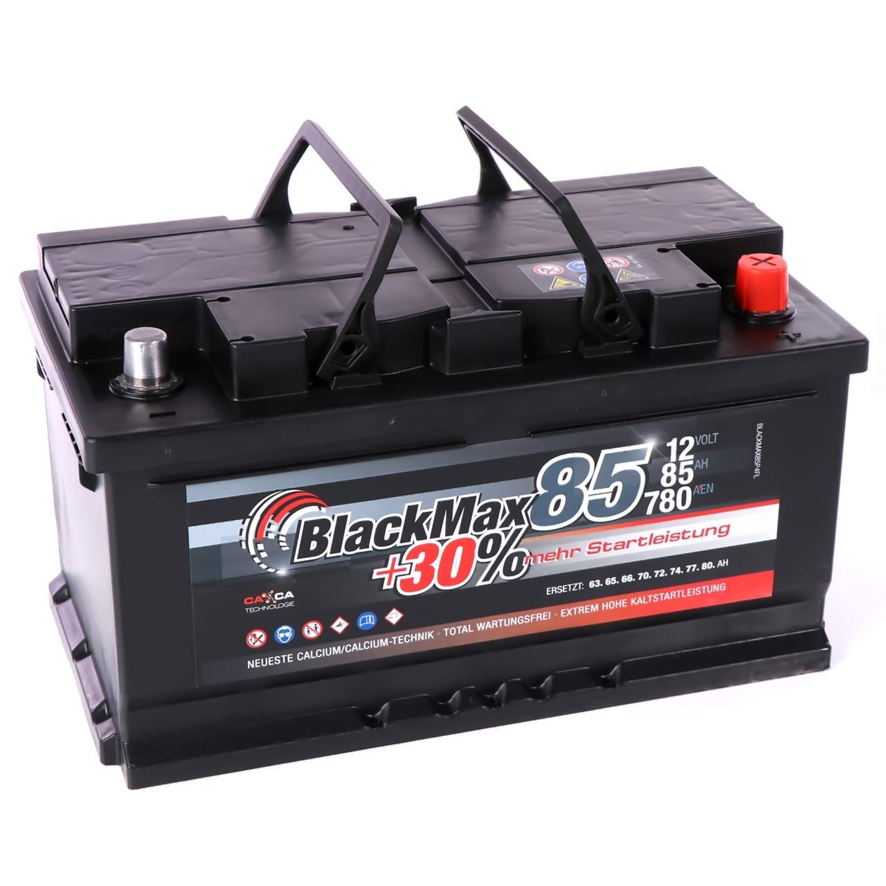 Autobatterie 12V 85Ah BlackMax + 30% Edition Starterbatterie ersetzt 74Ah 75Ah 77Ah 80Ah, kompatible mit PKW