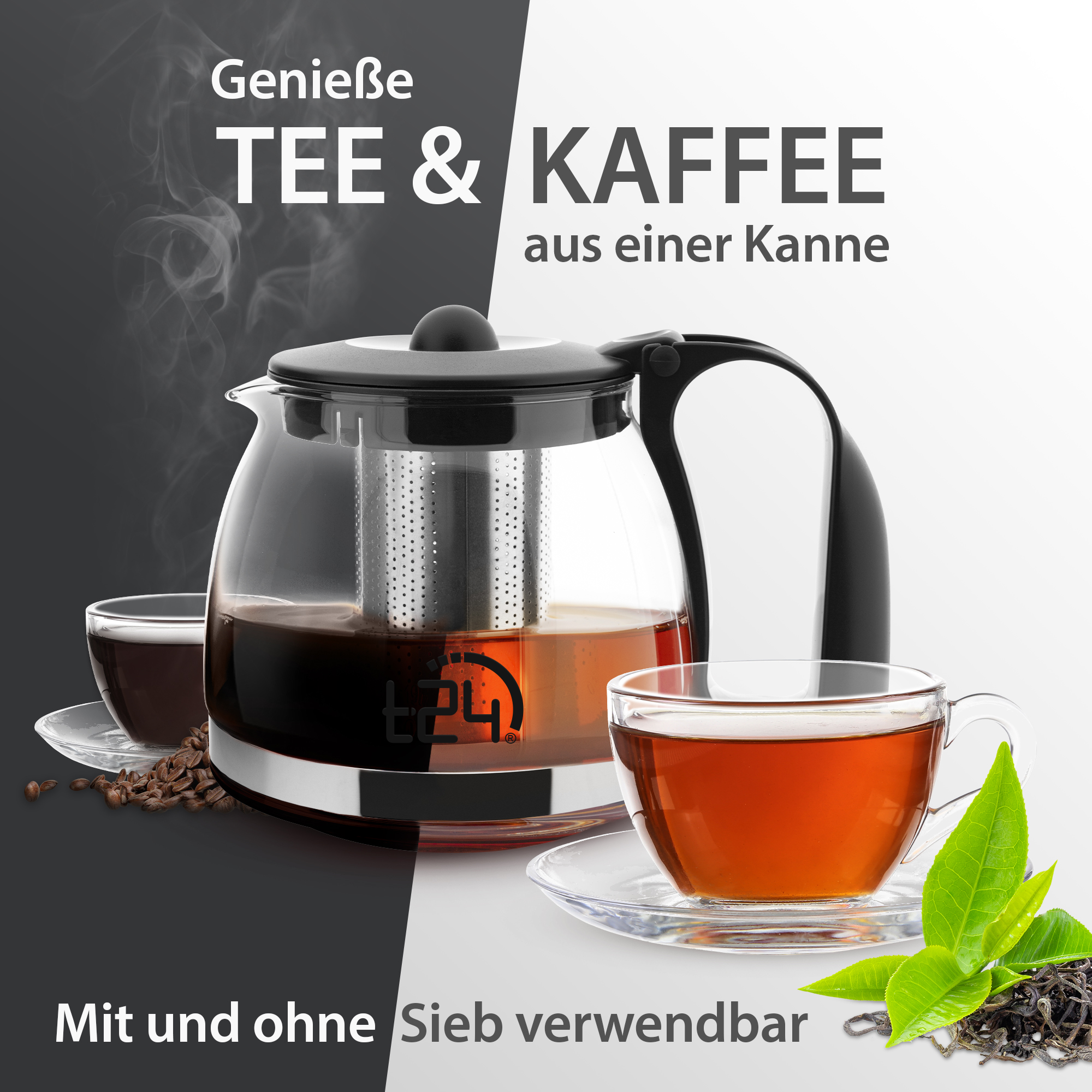 T24 Glas Teekanne Mit Edelstahlsieb, 1250 Ml, Schwarz