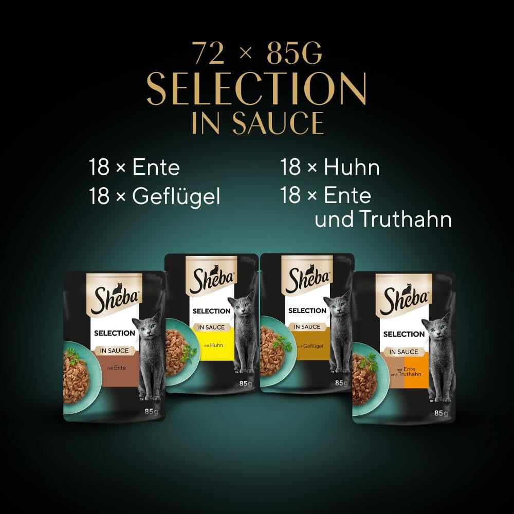 Sheba Katzennassfutter Selection in Sauce, 72 Portionsbeutel, 72x85g (1 Großpackung) – Katzenfutter nass, Geflügel Variation mit Ente, Huhn, Geflügel und Truthahn