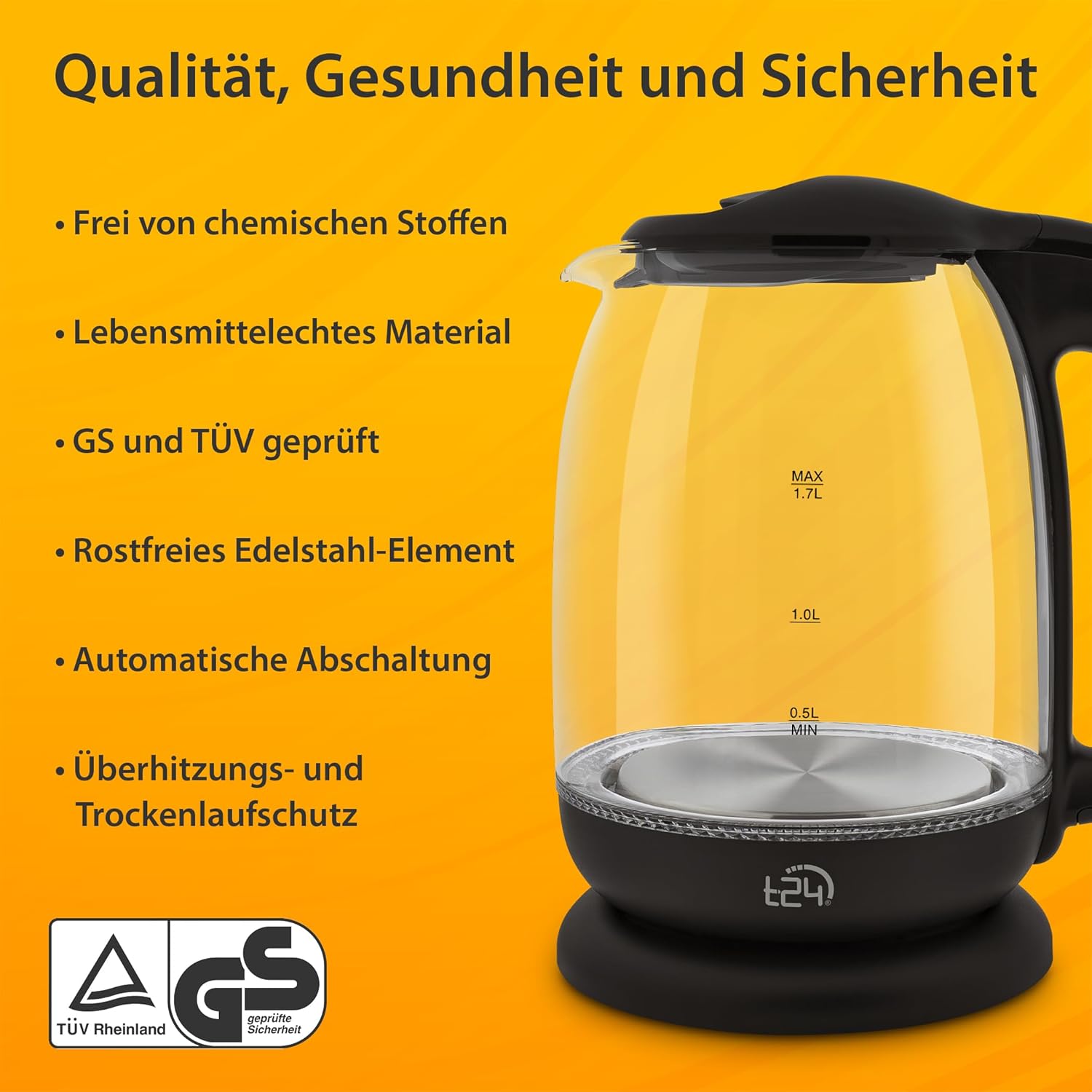 T24 Borosilikatglas Wasserkocher | 1,7 Liter | mit LED | 2200 Watt