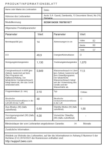 Beko BDSN15430X b300 Einbau-Geschirrspüler teilintegriert 60 cm, für 14 Maßgedecke, 3 Spülebenen, 4 Temperaturen, 5 Programme, halbe Beladung, automatische Türöffnung, Quick&Clean