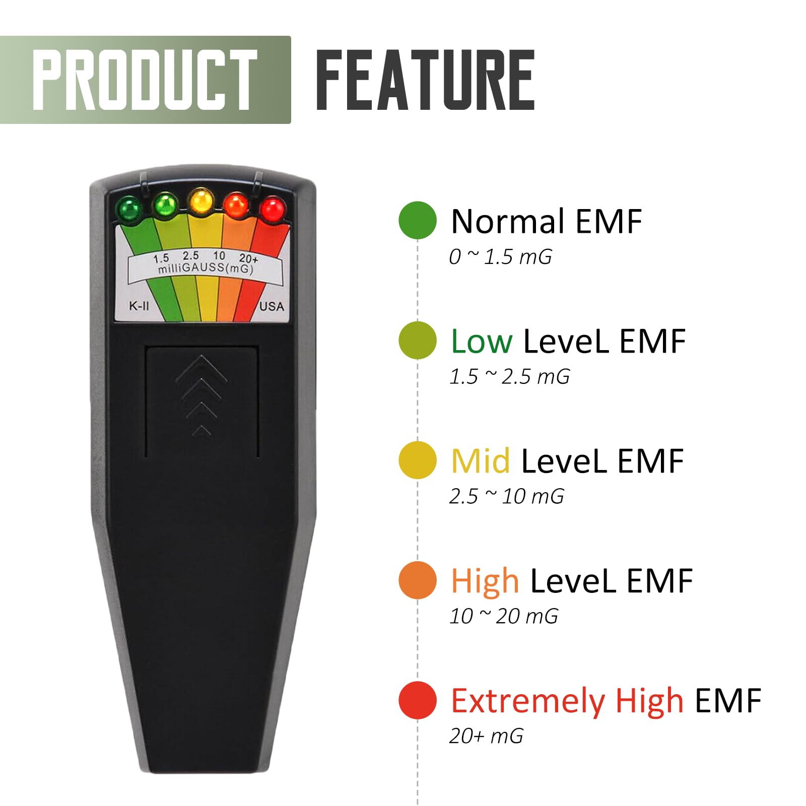 K2 EMF Meter Magnetfeld, Strahlungsdetektor Tragbarer, 5 LED Ghost Hunting Detektor, K2 EMF Messgerät Paranormal Equipment Tester 50Hz-20.000Hz