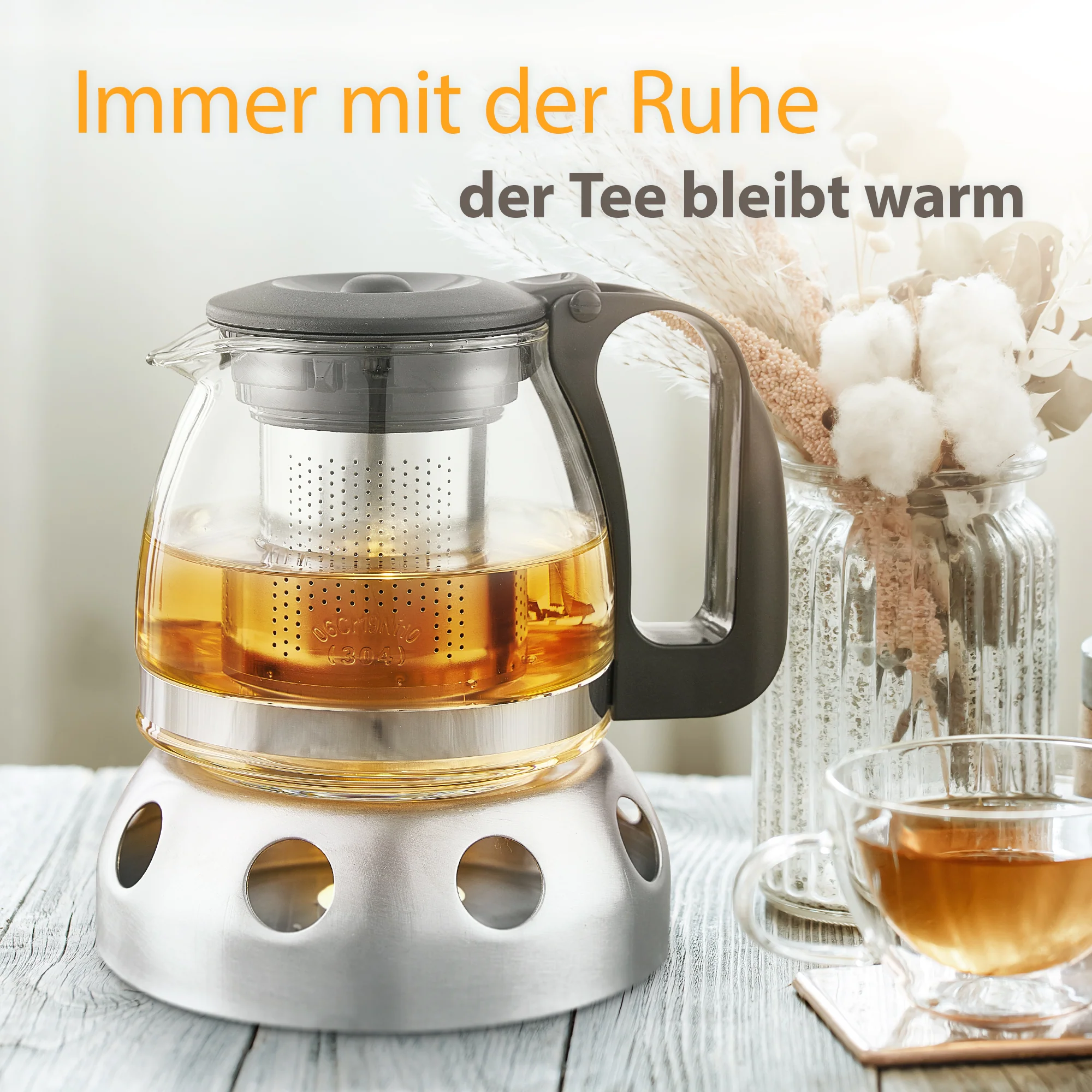 T24 Glas Teekanne 1,25L Edelstahl Stövchen&Teebereiter inkl. Teelicht