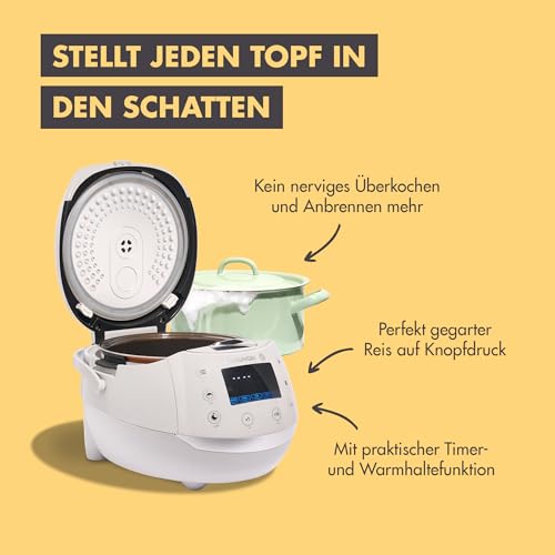 REISHUNGER Digitaler Reiskocher & Dampfgarer Grau | 1,5 L bis 8 Personen | Warmhaltefunktion, Timer & Premium Innentopf | Multikocher, 12 Programme, 7-Phasen-Technologie