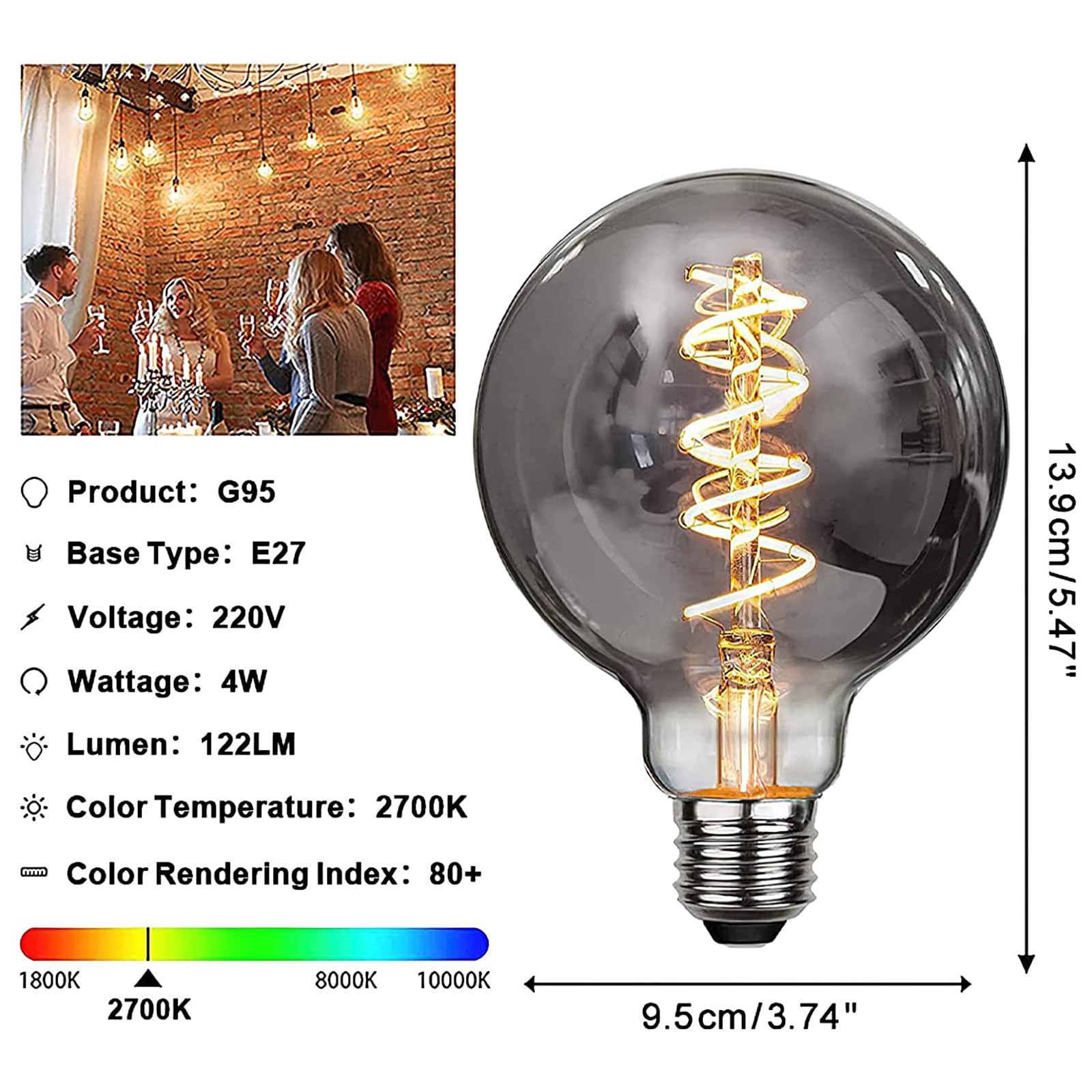 ESIP Edison Vintage Glühbirne,G95 E27 4W LED Glühbirne Vintage Antike Glühbirne, Warmweiß (2700K), Ideal für Nostalgie und Retro Beleuchtung im Haus Café Bar usw - 4 Stück