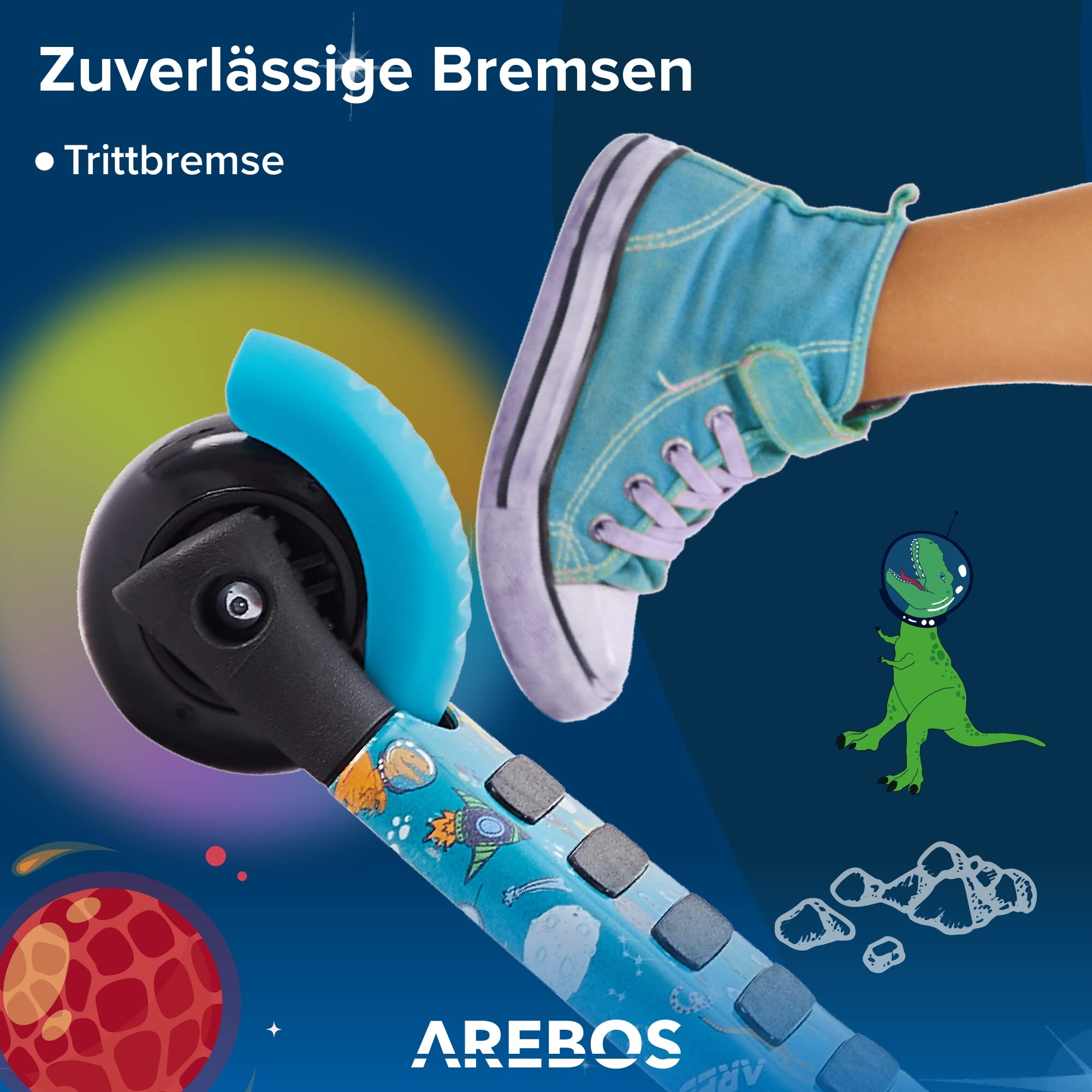 Arebos 3-in-1 Kinderroller mit Rückenlehne für Jungen & Mädchen | Cityroller Tretroller Scooter höhenverstellbarer Lenker & Sitz | LED-XXL Räder Tritt-Bremse | bis 50 kg belastbarer Roller | Blau