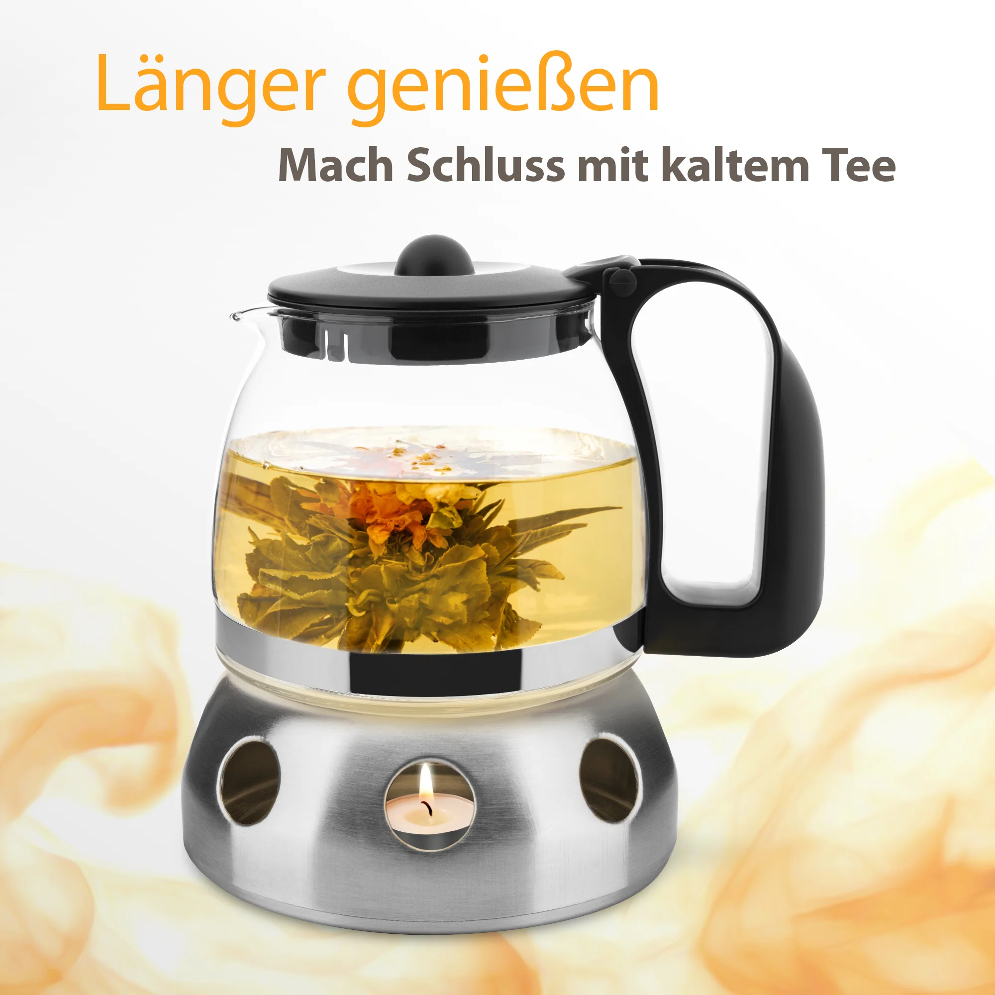 T24 Glas Teekanne 1,25L Edelstahl Stövchen&Teebereiter inkl. Teelicht