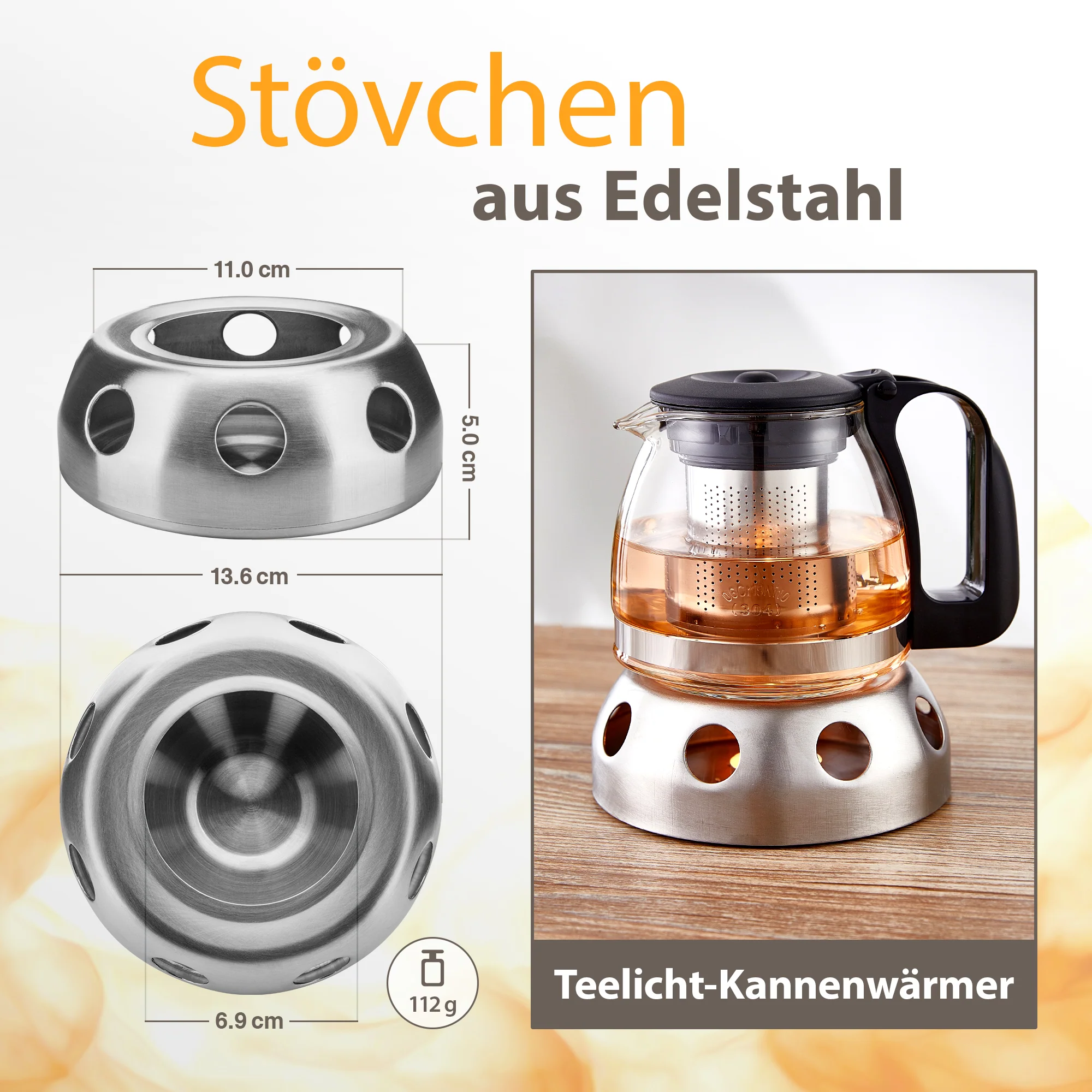 T24 Glas Teekanne 1,25L Edelstahl Stövchen&Teebereiter inkl. Teelicht