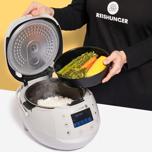 REISHUNGER Digitaler Reiskocher & Dampfgarer Grau | 1,5 L bis 8 Personen | Warmhaltefunktion, Timer & Premium Innentopf | Multikocher, 12 Programme, 7-Phasen-Technologie