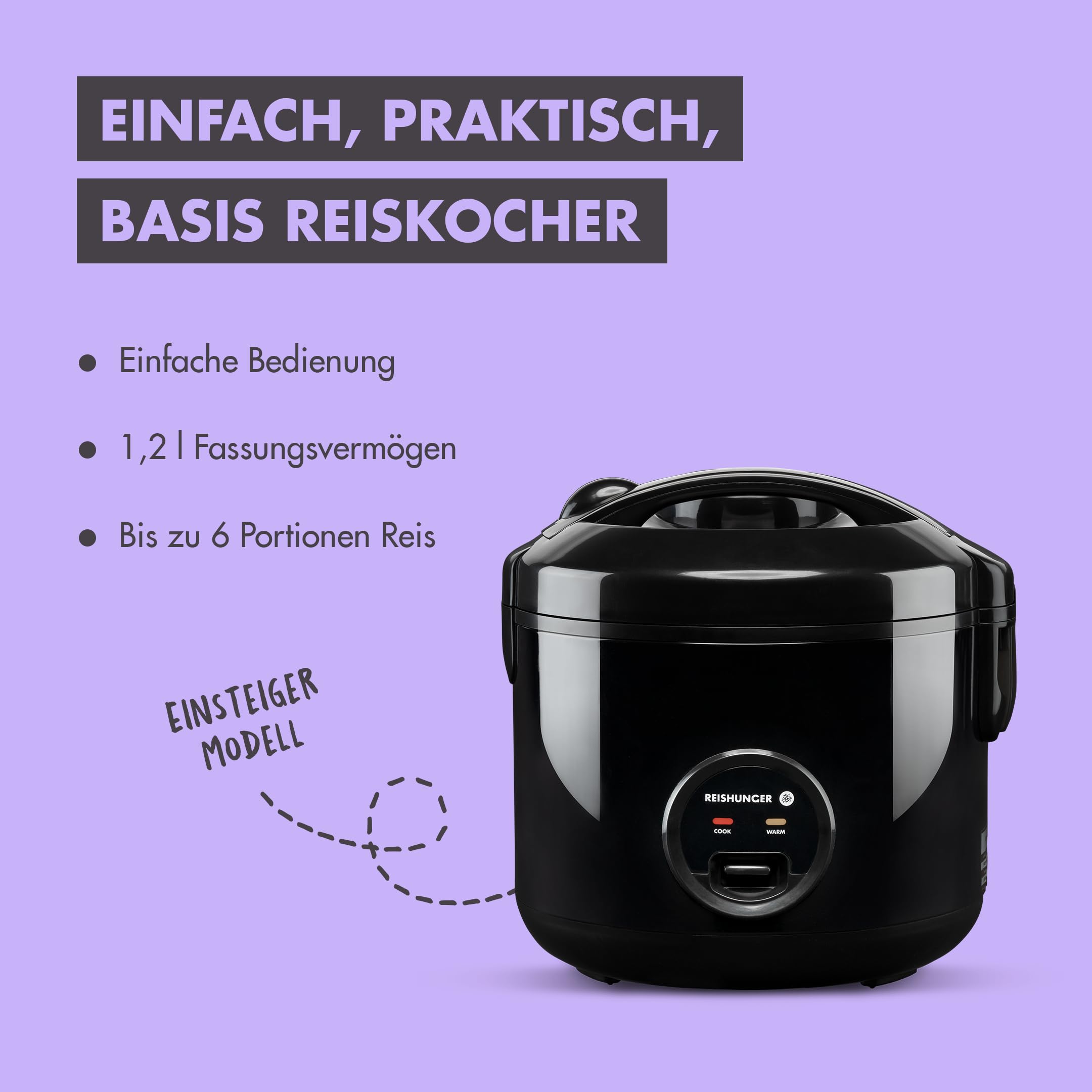 REISHUNGER Reiskocher & Dampfgarer mit Keramikbeschichtung - 1,2L, Schwarz - Für 1-6 Personen - Schnelle Zubereitung ohne Anbrennen - Mit Warmhaltefunktion inkl. Dämpfeinsatz, Löffel & Messbecher