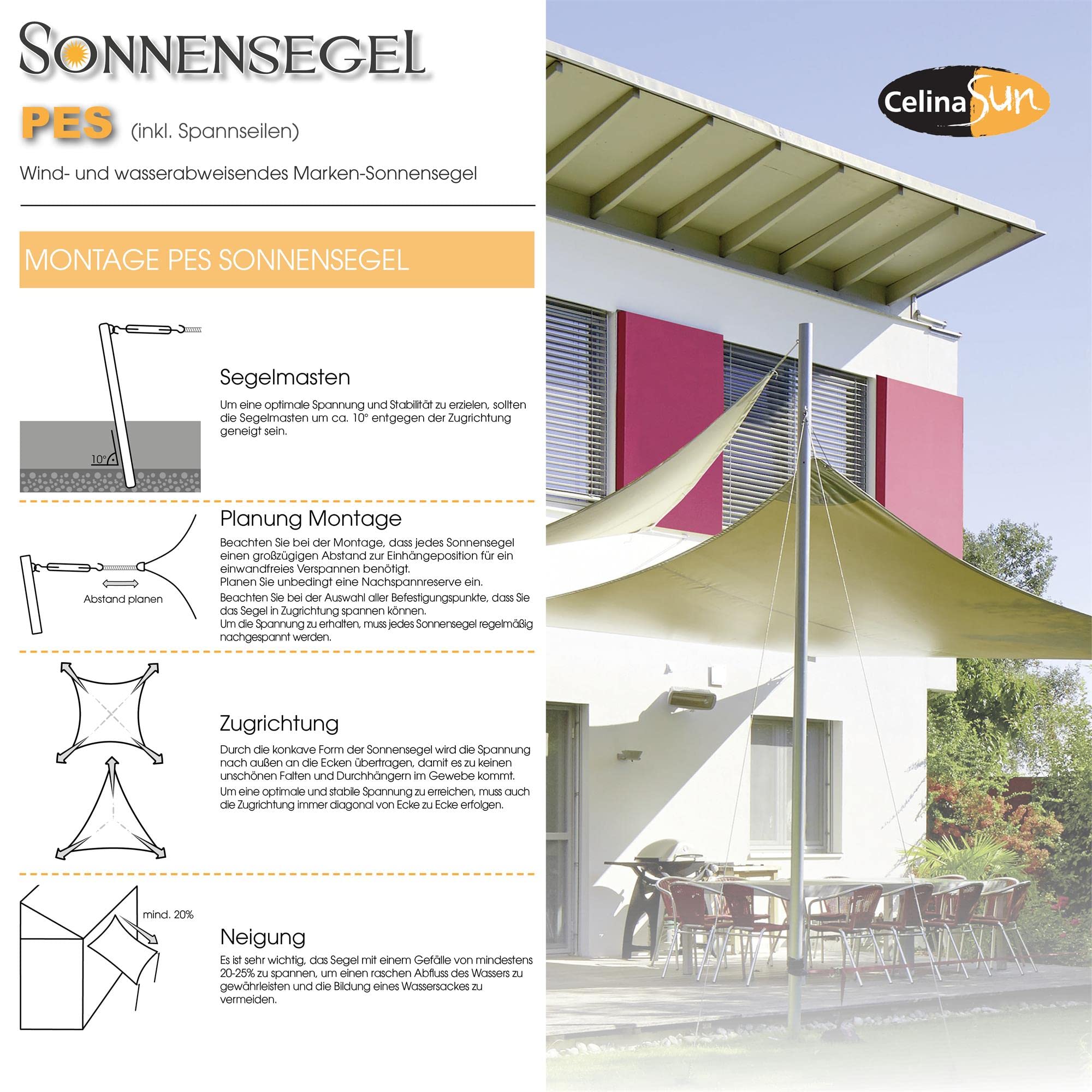 CelinaSun Sonnensegel wasserdicht inkl Befestigungsseile Premium PES wasserabweisend imprägniert Rechteck 4 x 6 m terrakotta