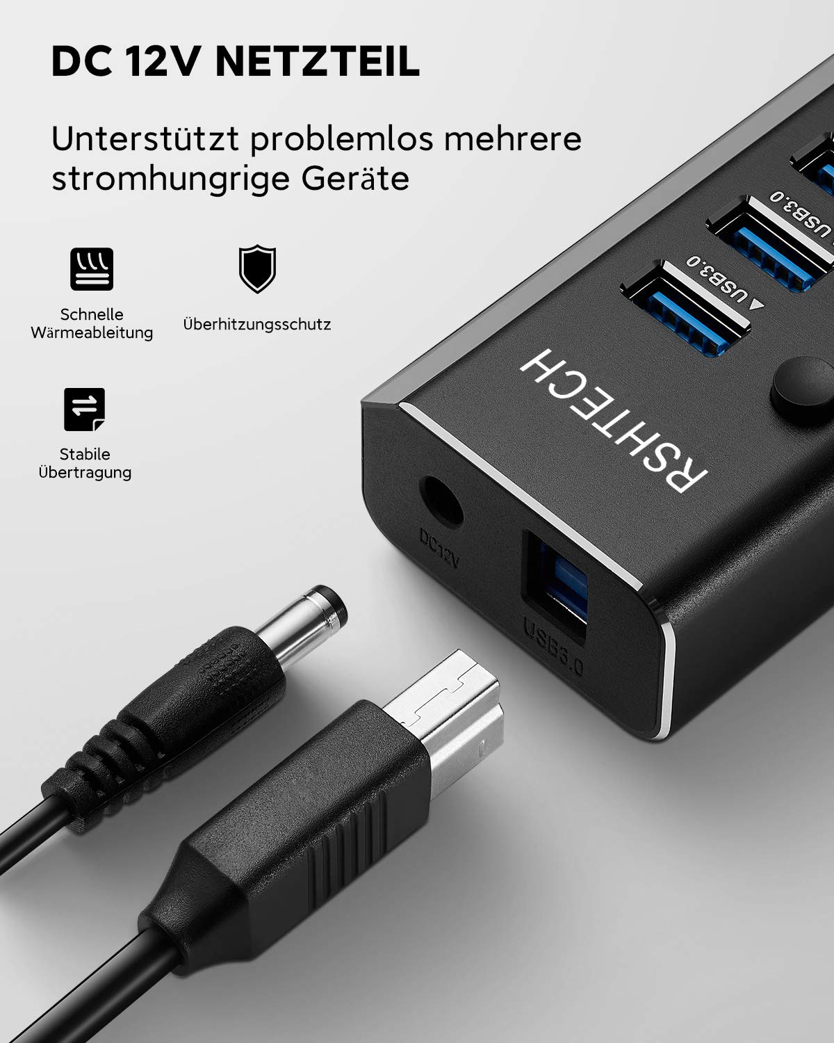 RSHTECH USB Hub Aktiv 3.0 mit 36W(12V/3A) Netzteil, Aluminium 10 Ports USB 3.0 Hub zum Laden und zur Datenübertragung, USB 3.0 Mehrfach Ports Verteiler mit EIN/Aus-Schalter und LED, RSH-A10