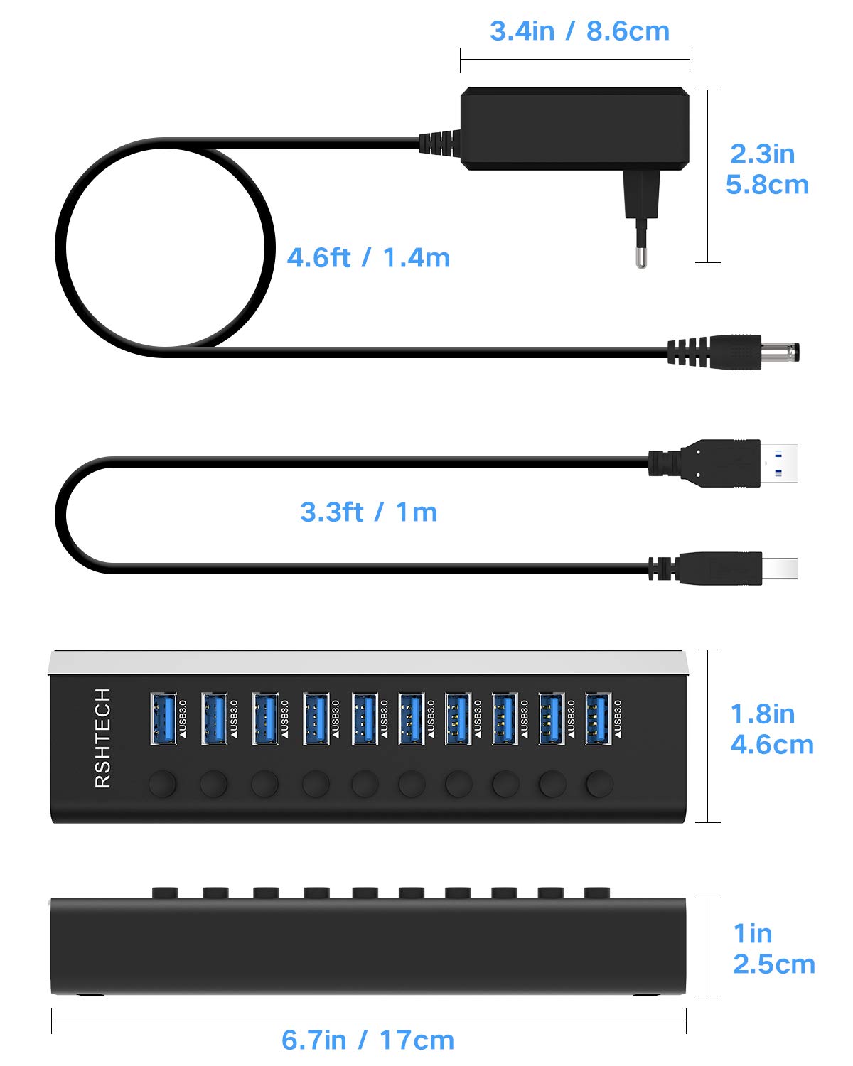 RSHTECH USB Hub Aktiv 3.0 mit 36W(12V/3A) Netzteil, Aluminium 10 Ports USB 3.0 Hub zum Laden und zur Datenübertragung, USB 3.0 Mehrfach Ports Verteiler mit EIN/Aus-Schalter und LED, RSH-A10