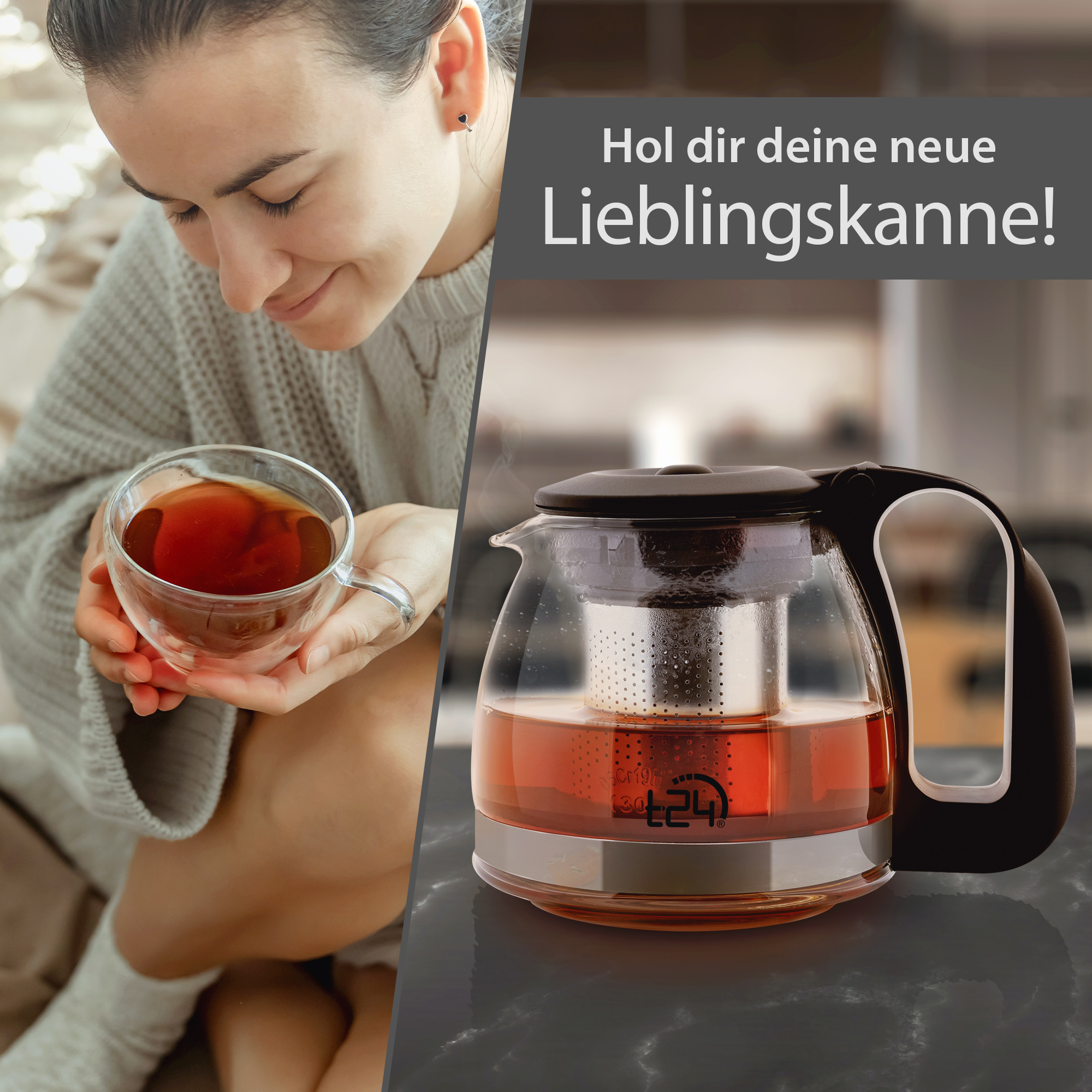 T24 Glas Teekanne Mit Edelstahlsieb, 700 Ml, Schwarz